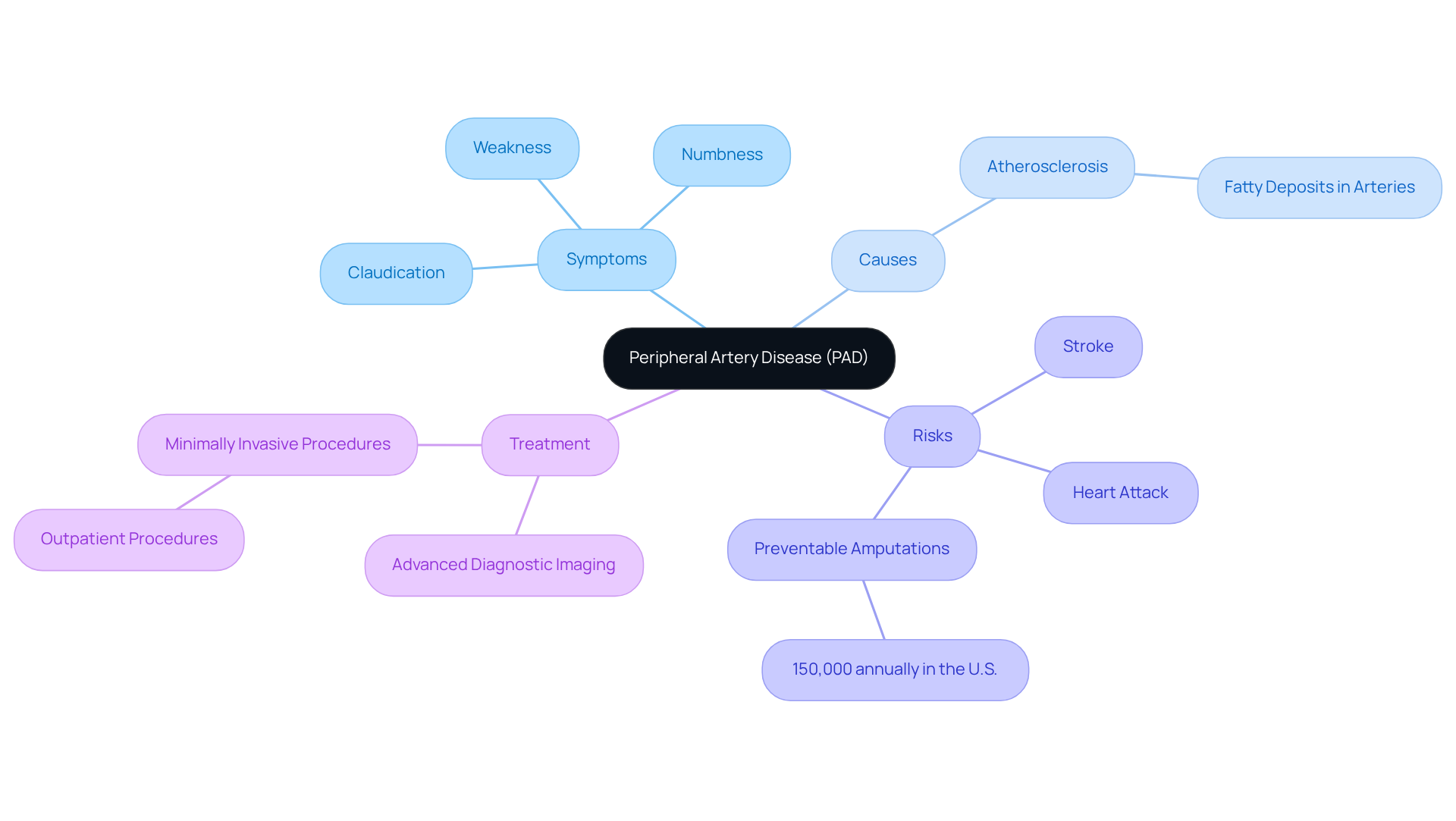 The central node represents PAD, and the branches show the key aspects of the condition — its symptoms, causes, risks, and treatment options. Each color helps differentiate these areas for easier understanding.