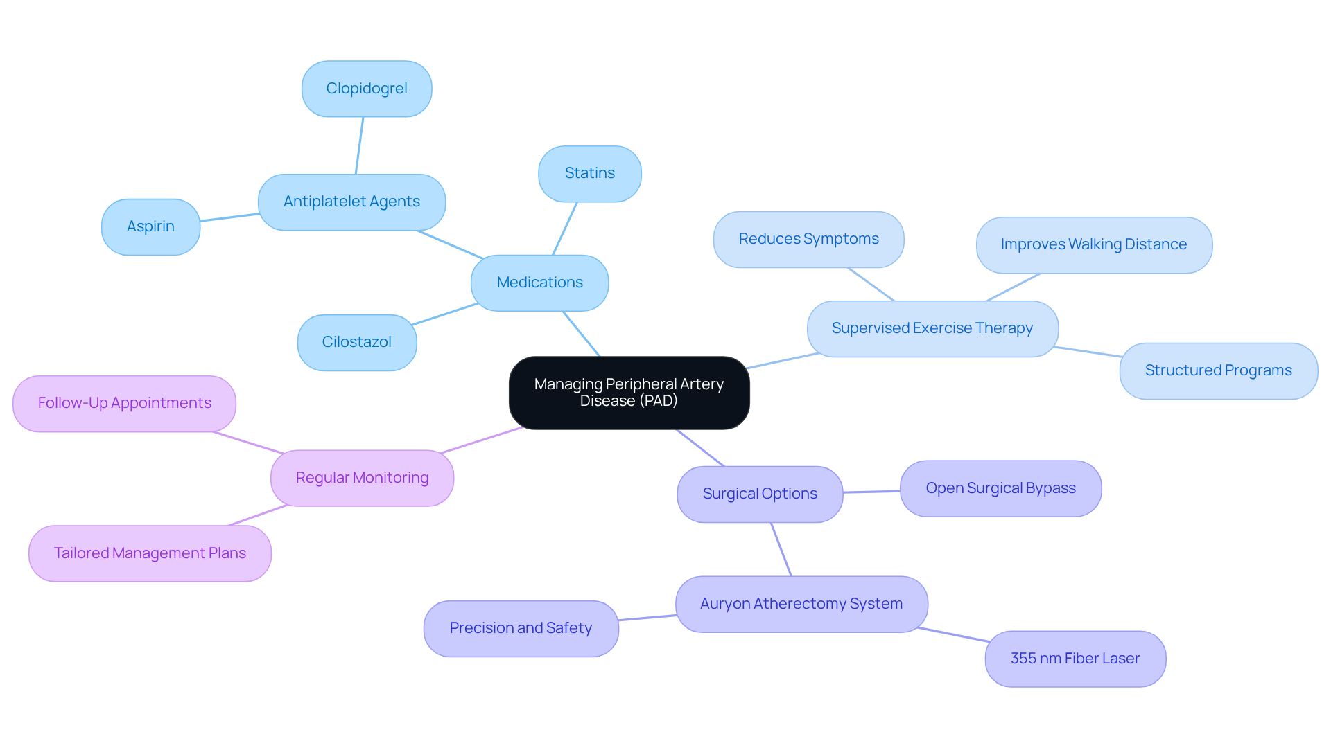The center represents the overall management of PAD, while the branches show different strategies to improve health. Each color-coded branch details specific options, making it easy to see how they relate to the main topic.