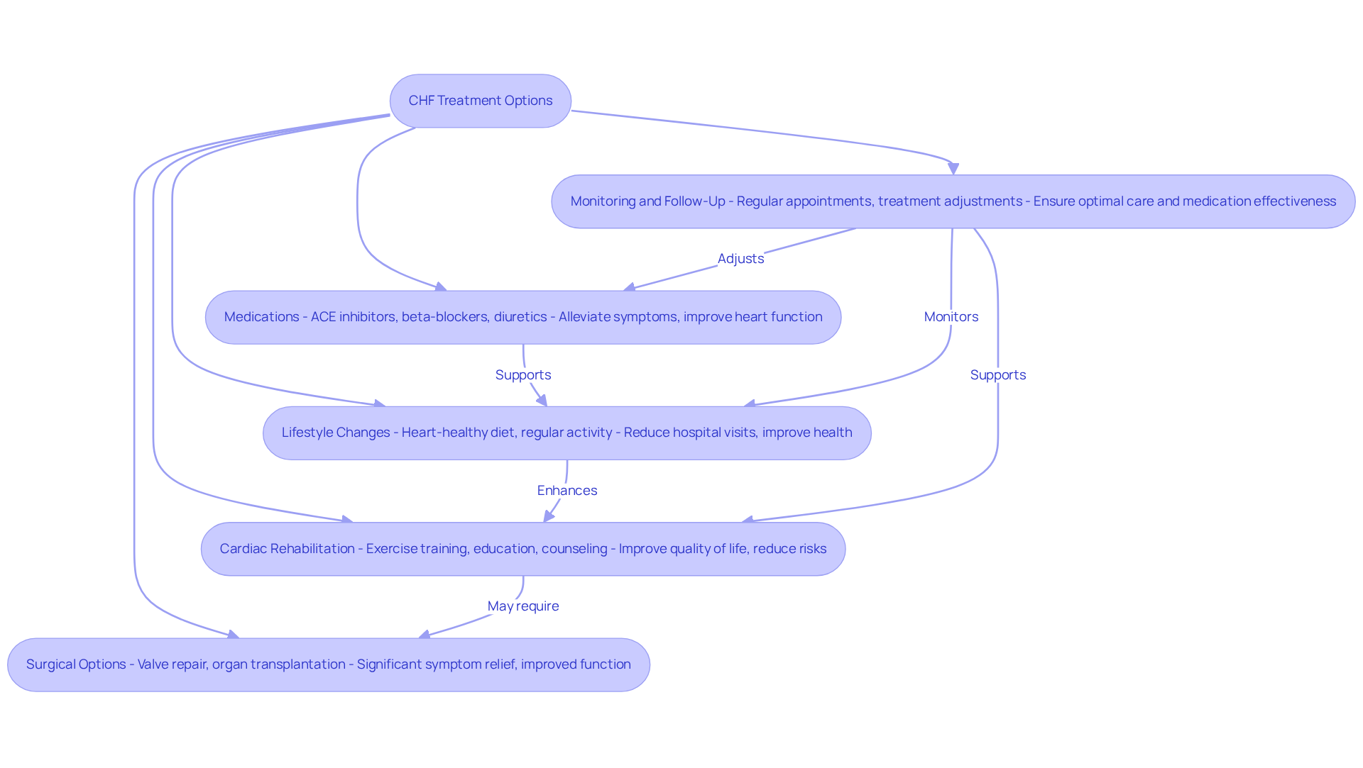 This flowchart outlines the different approaches to managing CHF. Each branch represents a key treatment area — follow the arrows to see how these strategies connect and support each other.