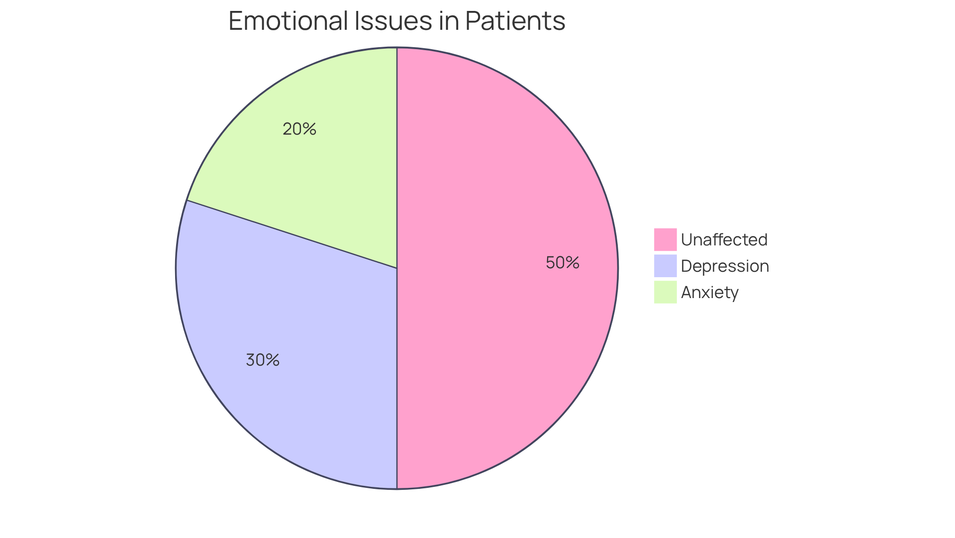 Each slice of the pie shows the percentage of heart failure patients dealing with emotional issues. The bigger the slice, the more patients are affected — with 30% experiencing depression and 20% facing anxiety.