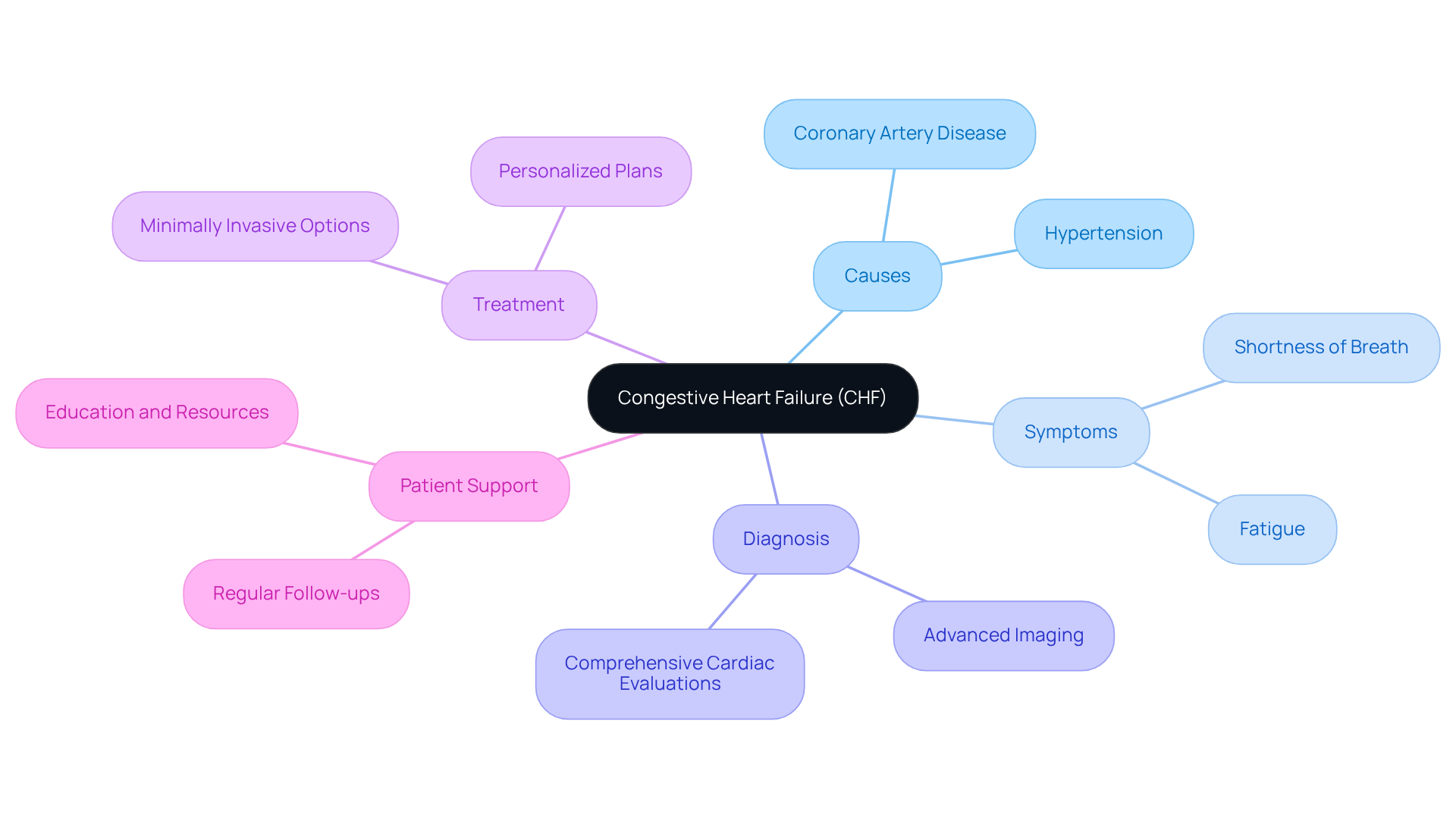 The central node represents CHF, with branches showing its causes, symptoms, diagnostic methods, and treatment options, helping you visualize how they all relate to the main condition.
