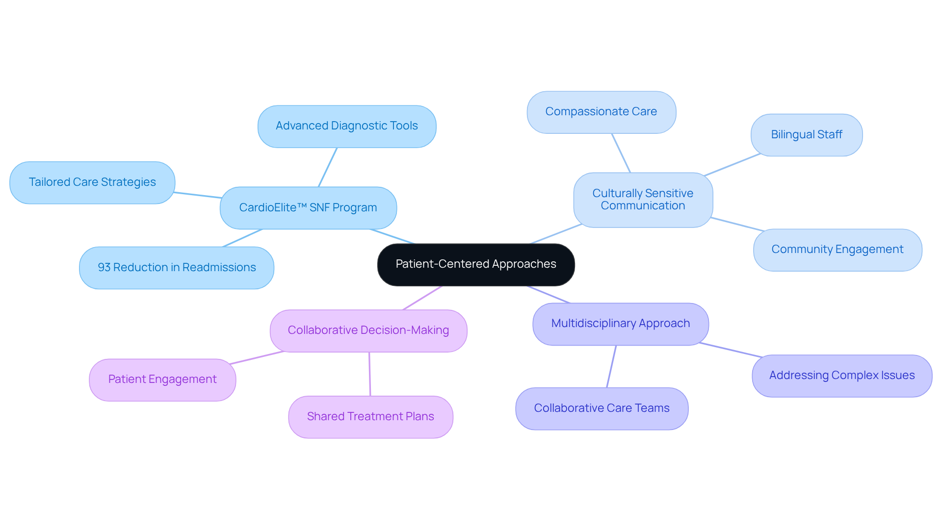 The central idea shows the focus on patient-centered care, while each branch represents a different approach or philosophy that contributes to improving patient experiences and outcomes. The more branches and sub-branches indicate the variety of strategies employed.