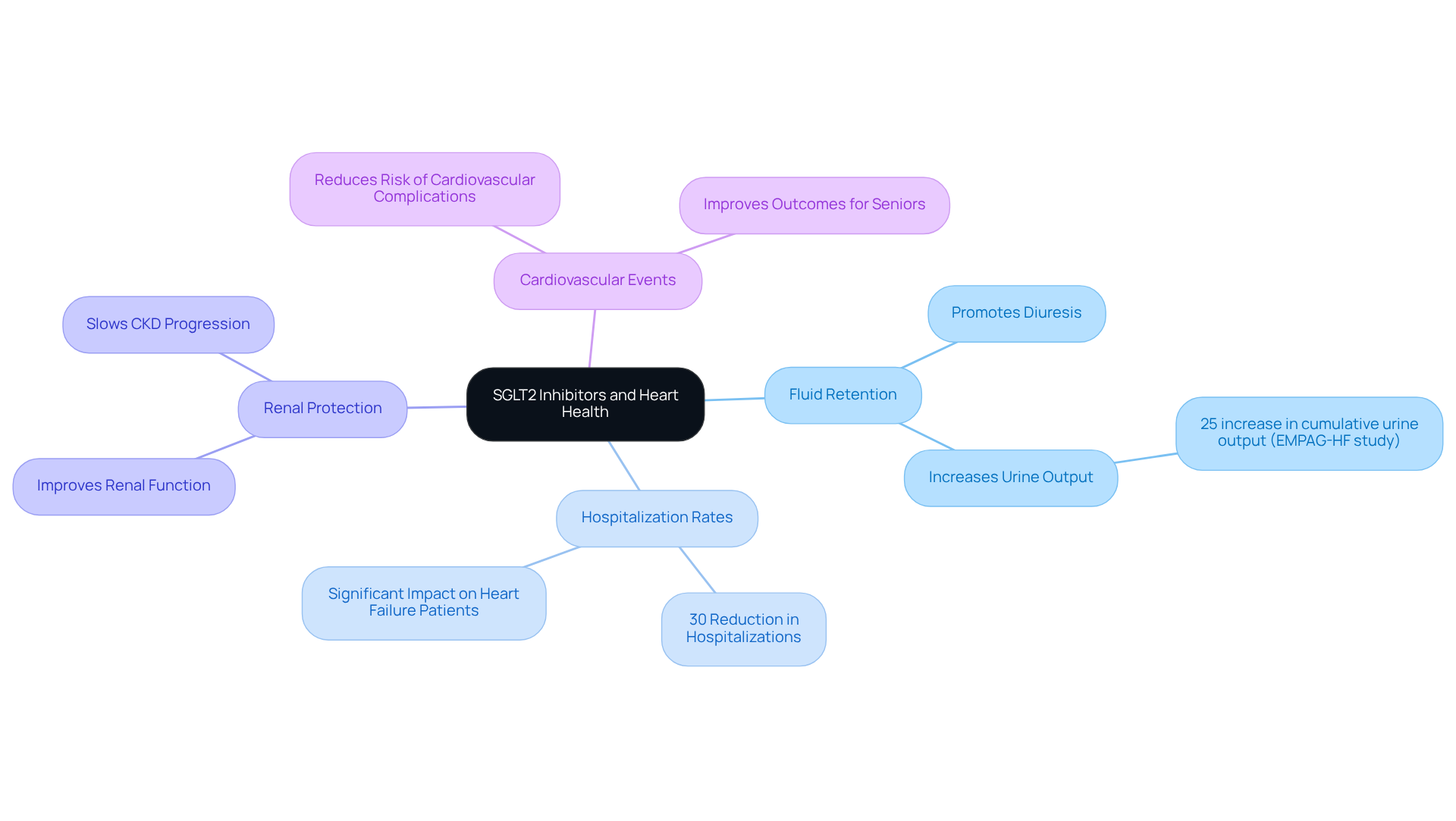 At the center, you'll find SGLT2 inhibitors, which branch out to show their significant benefits for heart failure patients. Each branch represents an important aspect of how these medications help, especially for the elderly.
