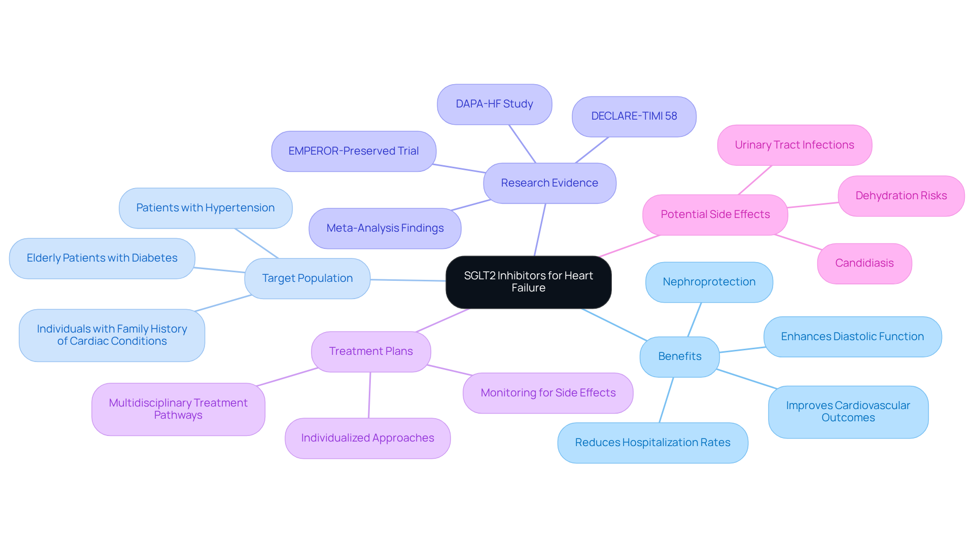 The center node represents SGLT2 inhibitors, with branches showing their benefits, research findings, and treatment plans. Each color-coded section helps you quickly identify important areas related to this therapy.
