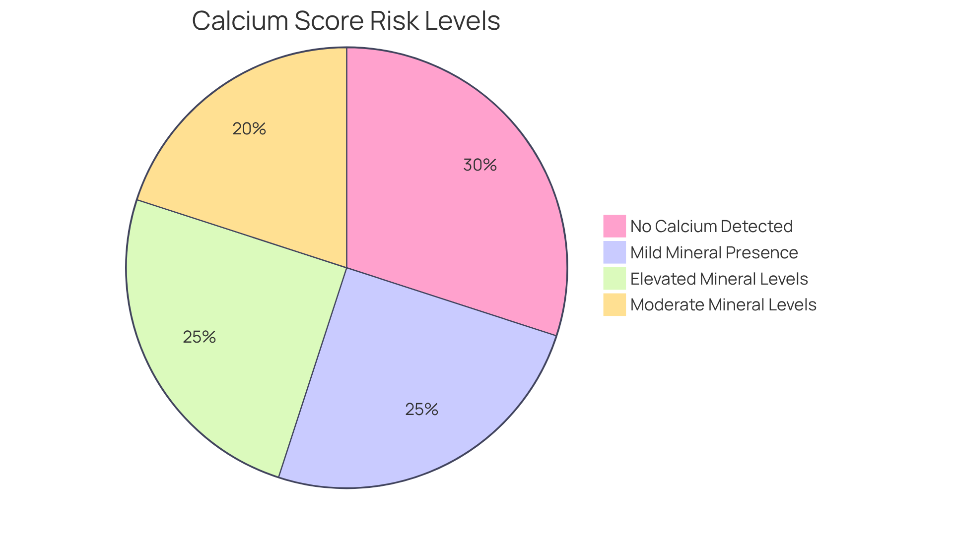 Each segment of the pie chart shows the proportion of individuals in each calcium score category. A larger segment indicates a greater number of individuals within that risk level. Green means very low risk, yellow is low risk, orange indicates moderate risk, and red represents elevated risk requiring immediate attention.