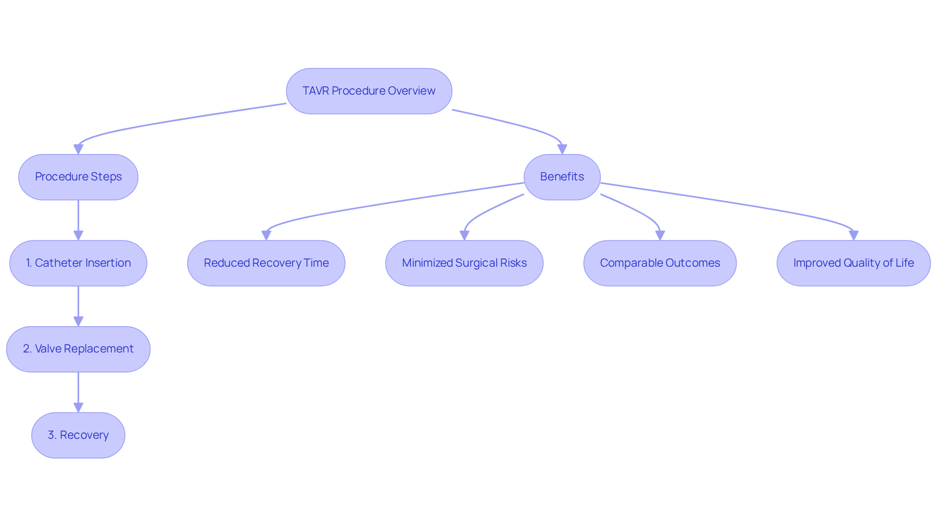 The flowchart illustrates the sequence of the TAVR procedure, outlining the major steps involved and the benefits of this innovative approach, making it easy to understand how TAVR improves patient outcomes.