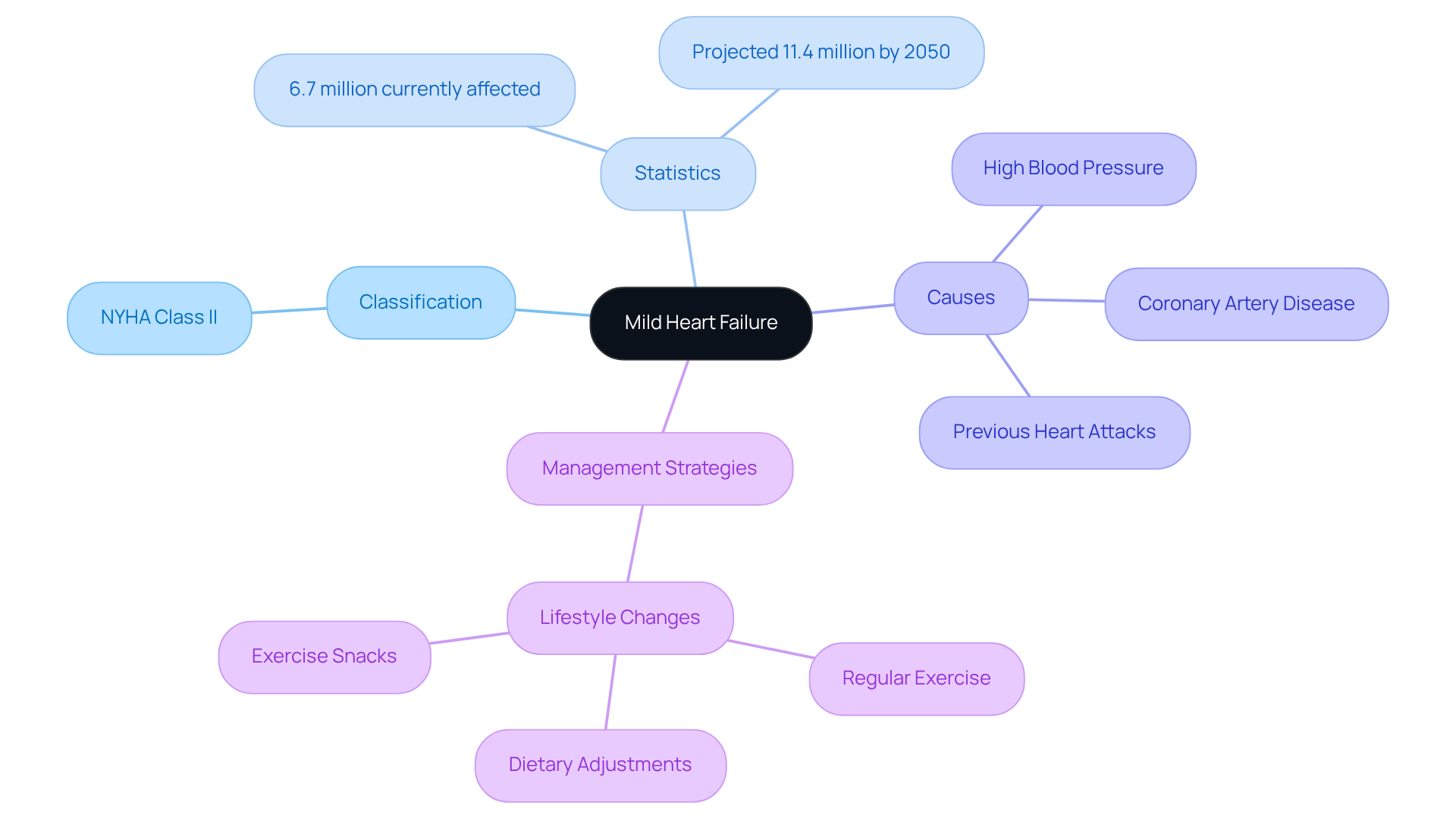 The central node represents mild heart failure, with branches showing key areas like classification, causes, and management strategies. Each branch helps illustrate how these areas relate to the main topic. The central node represents mild heart failure, with branches showing key areas like classification, causes, and management strategies. Each branch helps illustrate how these areas relate to the main topic.