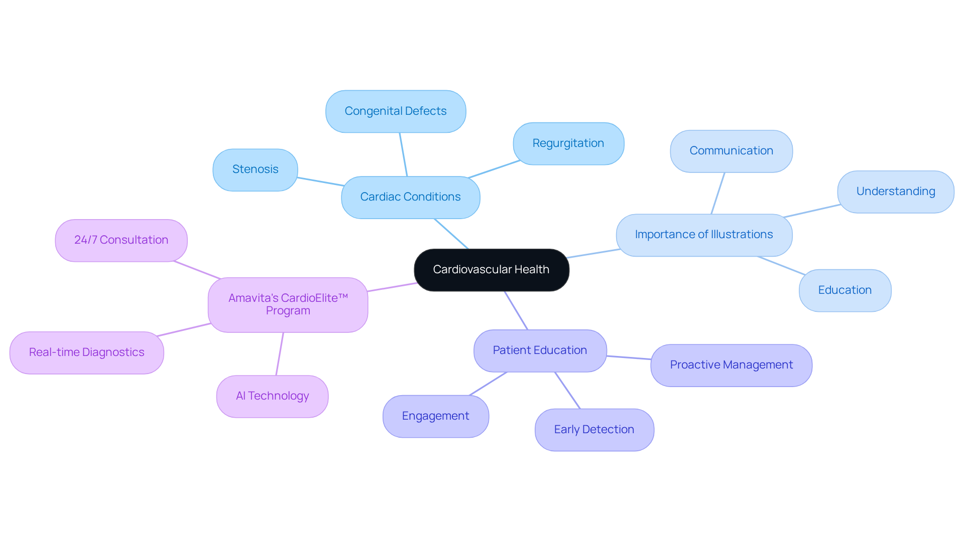 The central node represents overall cardiovascular health, with branches showing various cardiac conditions, educational tools, and programs that help patients understand and manage their heart health. The central node represents overall cardiovascular health, with branches showing various cardiac conditions, educational tools, and programs that help patients understand and manage their heart health.