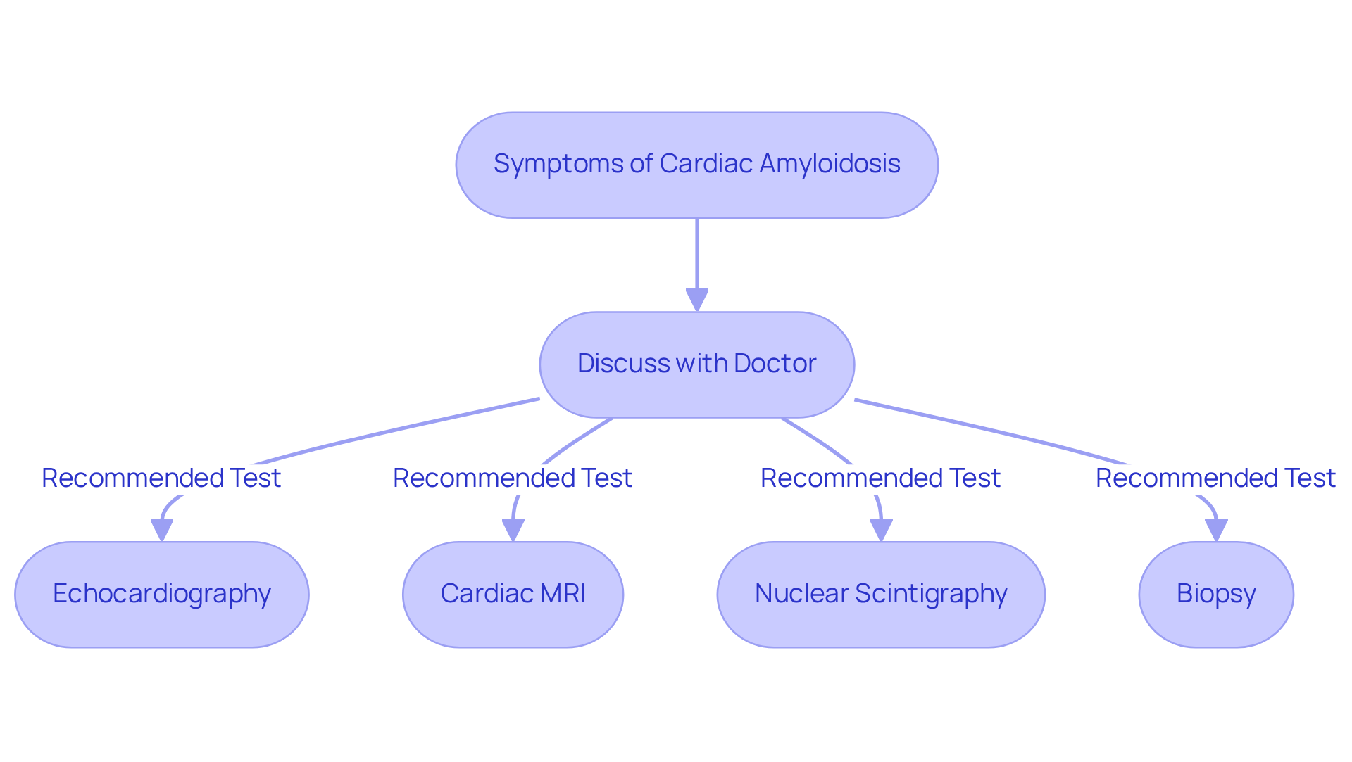 Each box represents a step in the diagnostic process. Symptoms lead to a conversation with a doctor, who may recommend specific tests to confirm the presence of cardiac amyloidosis. Each box represents a step in the diagnostic process. Symptoms lead to a conversation with a doctor, who may recommend specific tests to confirm the presence of cardiac amyloidosis.