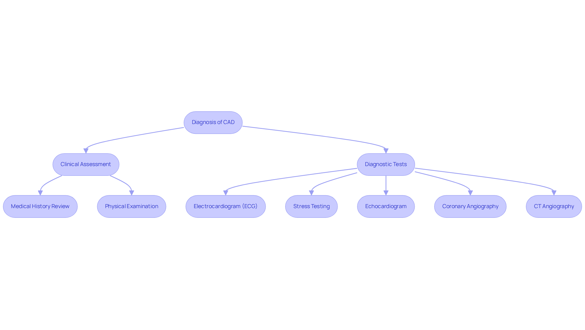This flowchart outlines the steps involved in diagnosing CAD. Start at the top with the overall diagnosis, then follow the arrows to see how clinical assessments and specific diagnostic tests contribute to identifying the condition. This flowchart outlines the steps involved in diagnosing CAD. Start at the top with the overall diagnosis, then follow the arrows to see how clinical assessments and specific diagnostic tests contribute to identifying the condition.