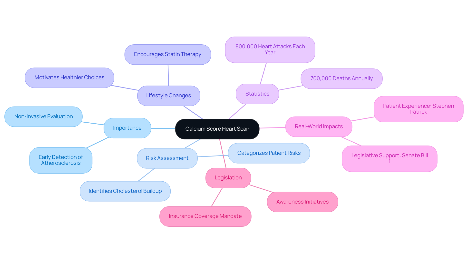 The central node represents the calcium score heart scan. Each branch highlights a critical area related to the test, showing how it connects to broader topics like health risks, lifestyle choices, and legislative support. The central node represents the calcium score heart scan. Each branch highlights a critical area related to the test, showing how it connects to broader topics like health risks, lifestyle choices, and legislative support.