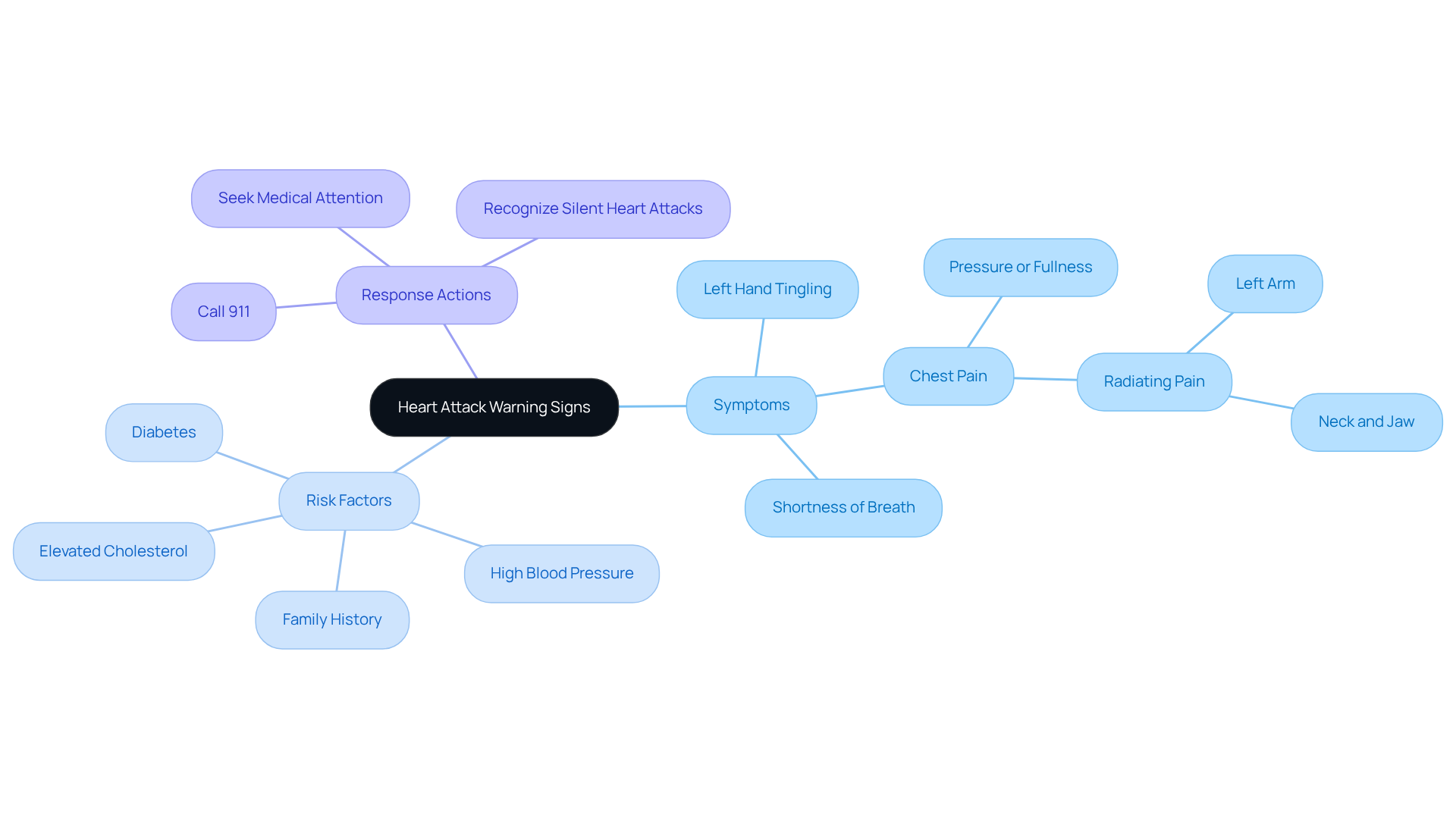 The center represents the main concern of heart attacks, with branches showing symptoms to watch for, risk factors to be aware of, and actions to take. Each branch helps illustrate how these elements are interconnected. The center represents the main concern of heart attacks, with branches showing symptoms to watch for, risk factors to be aware of, and actions to take. Each branch helps illustrate how these elements are interconnected.