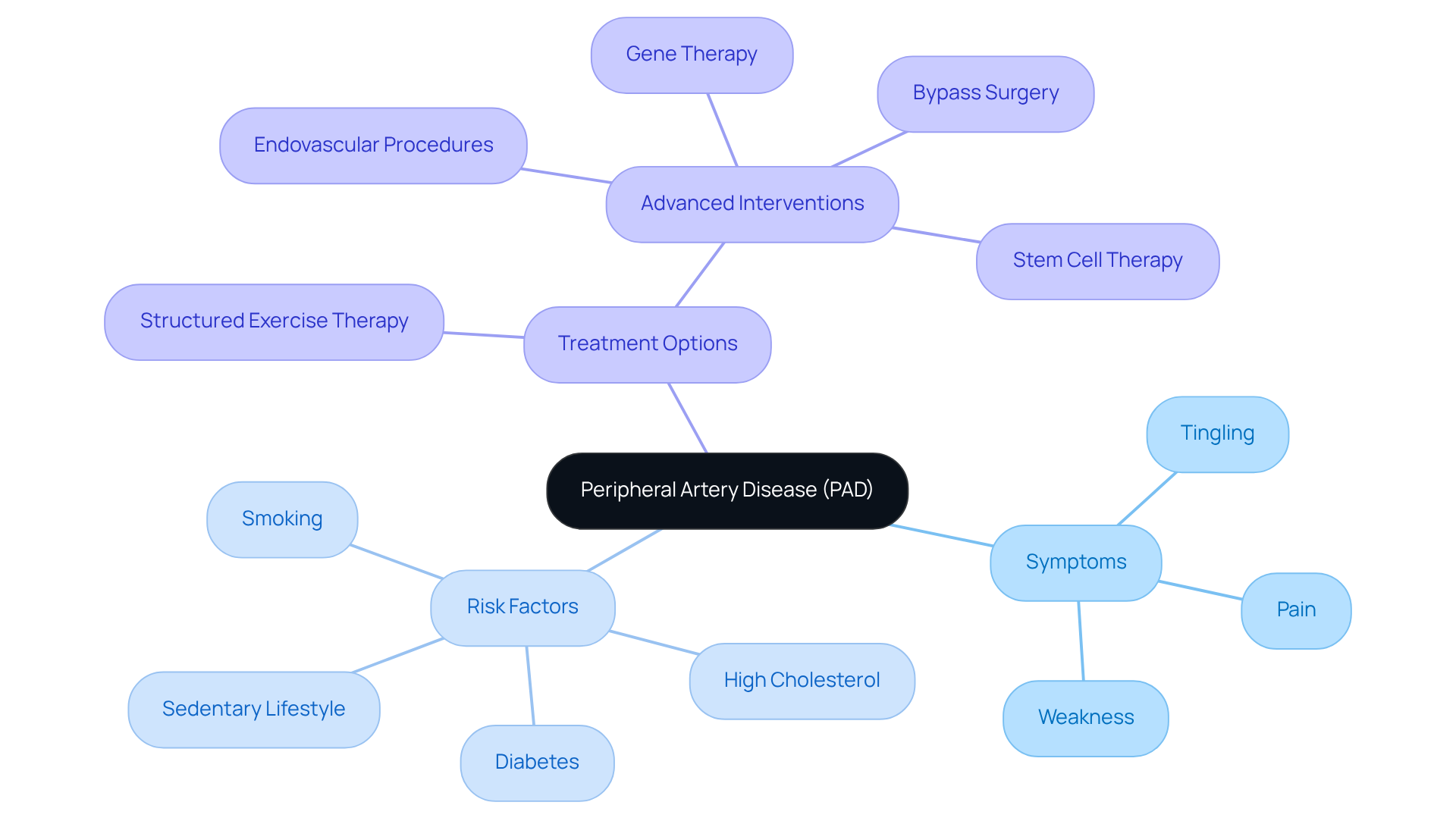 The central node represents PAD, with branches showing its symptoms, risk factors, and ways to manage it. Follow the branches to understand different aspects of the condition and how they relate to each other. The central node represents PAD, with branches showing its symptoms, risk factors, and ways to manage it. Follow the branches to understand different aspects of the condition and how they relate to each other.