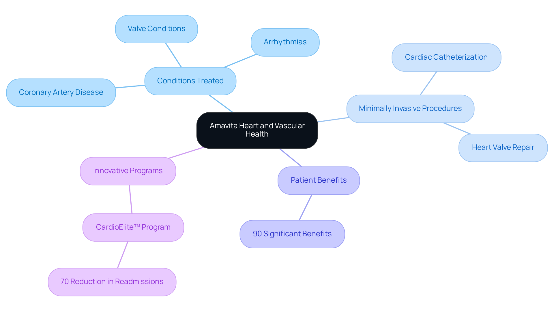 The mindmap starts with the main focus on heart and vascular health, branching into different areas. Each branch highlights a specific aspect of the services offered, making it easy to understand how they connect and support overall heart wellness. The mindmap starts with the main focus on heart and vascular health, branching into different areas. Each branch highlights a specific aspect of the services offered, making it easy to understand how they connect and support overall heart wellness.