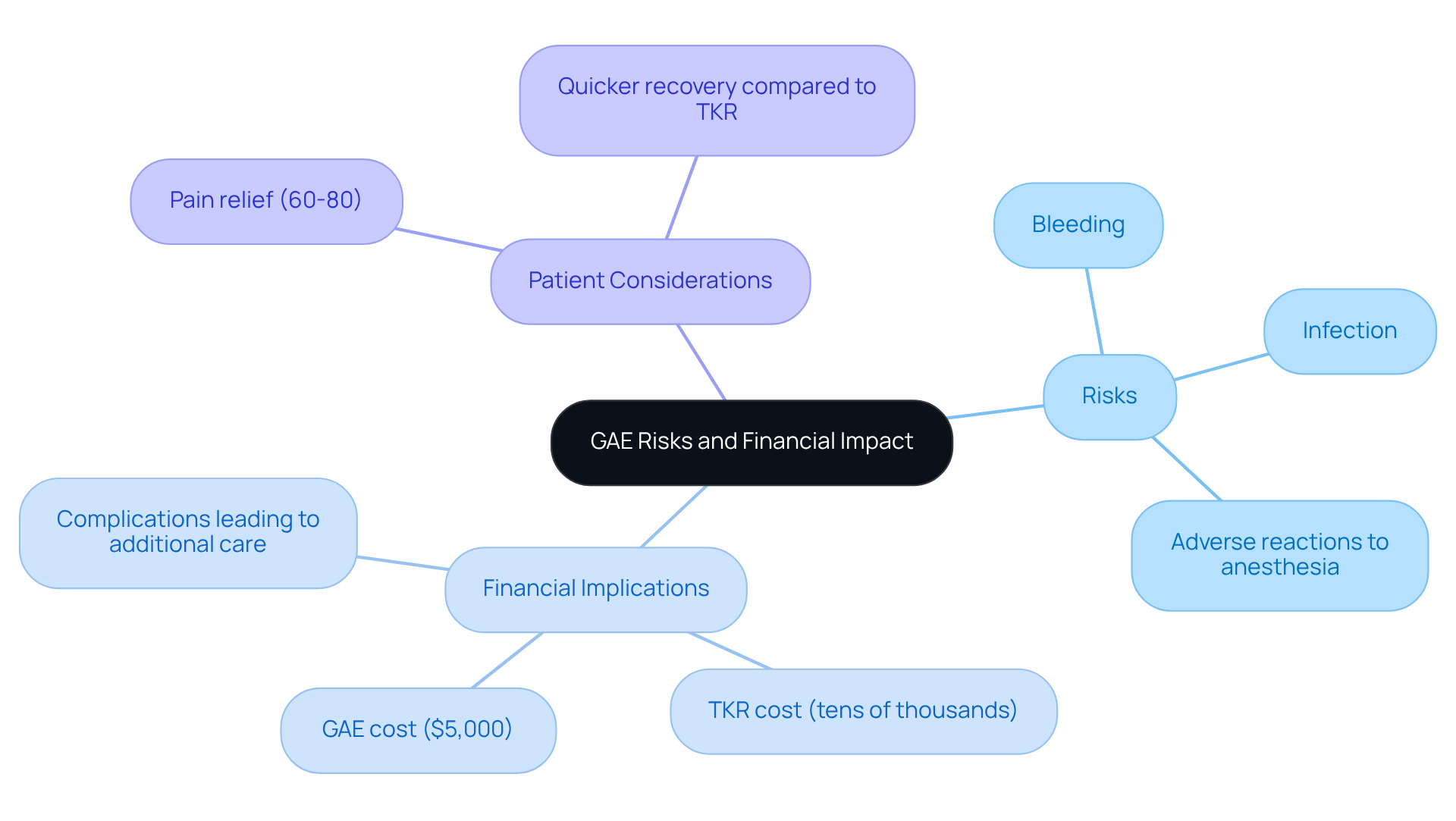 The center represents the overall focus on GAE. The branches detail specific risks and their financial impacts, guiding patients through the potential outcomes of their treatment choices. The center represents the overall focus on GAE. The branches detail specific risks and their financial impacts, guiding patients through the potential outcomes of their treatment choices.