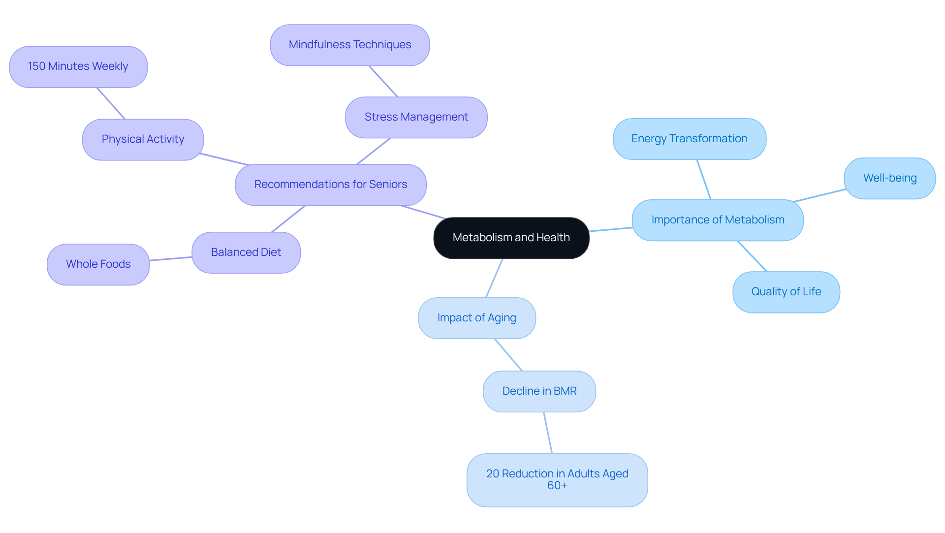 The central node represents metabolism's importance, while branches lead to key impacts and actionable strategies for seniors. Follow the branches to see how each component is interconnected. The central node represents metabolism's importance, while branches lead to key impacts and actionable strategies for seniors. Follow the branches to see how each component is interconnected.
