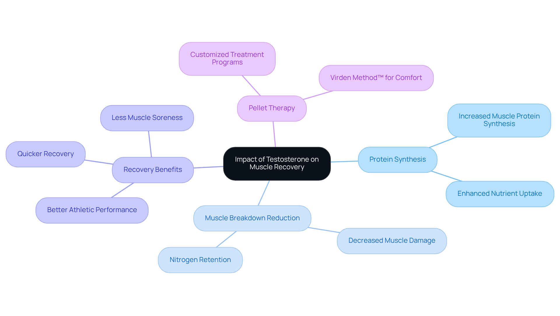 The center node represents the main topic. From this, you'll see branches that show how testosterone affects recovery through various mechanisms and benefits. Each color-coded branch helps you easily identify different aspects, making it easier to understand how they connect. The center node represents the main topic. From this, you'll see branches that show how testosterone affects recovery through various mechanisms and benefits. Each color-coded branch helps you easily identify different aspects, making it easier to understand how they connect.