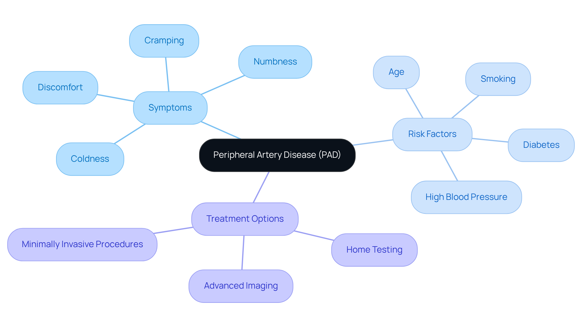 The central node represents PAD. Each branch connects to important aspects like symptoms and risk factors. The color-coded branches make it easy to follow the relationships and understand the comprehensive picture of leg health. The central node represents PAD. Each branch connects to important aspects like symptoms and risk factors. The color-coded branches make it easy to follow the relationships and understand the comprehensive picture of leg health.