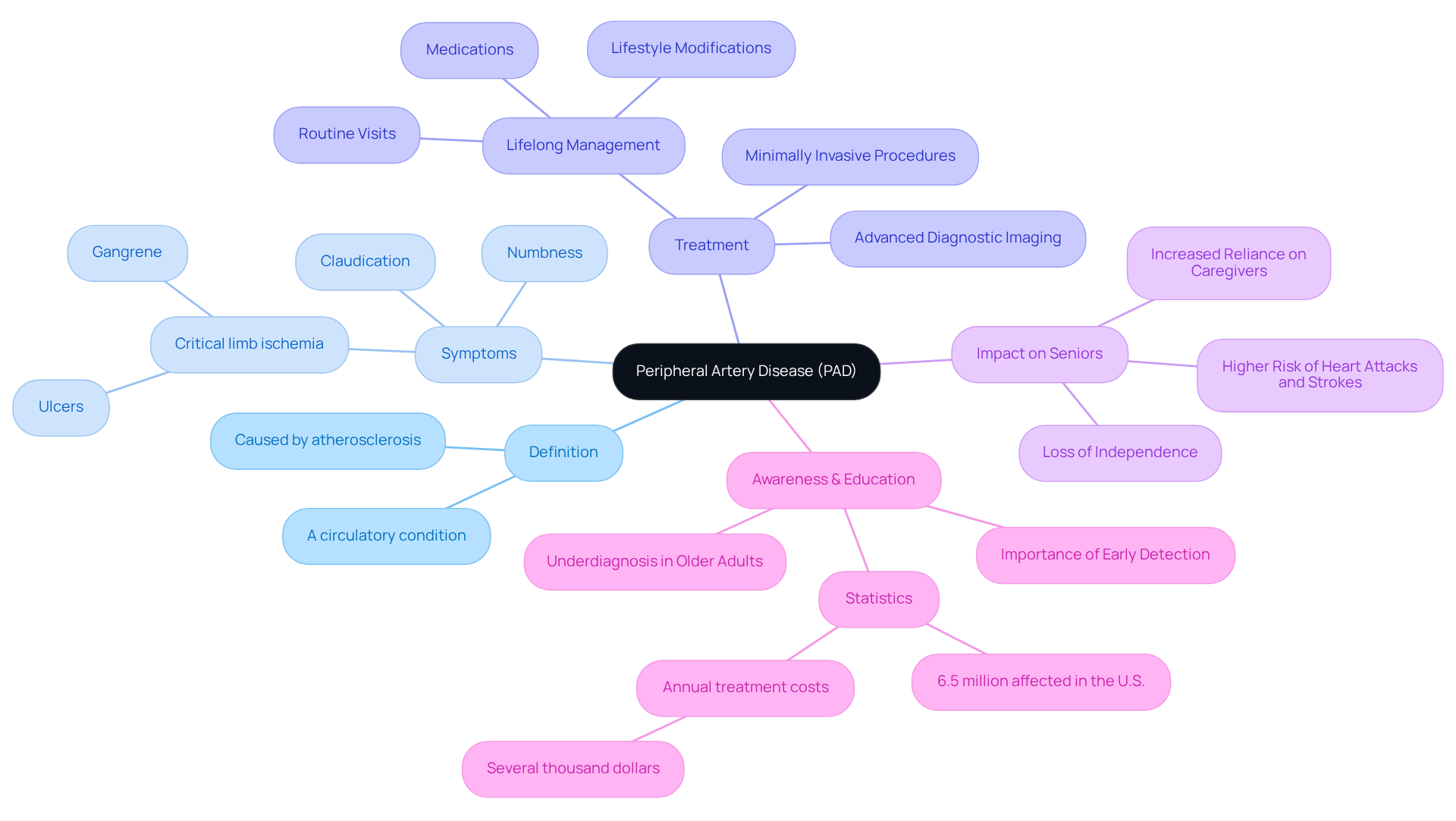 The central node represents PAD, and the branches show different aspects of the condition. Each color-coded branch contains specific details that help you understand how PAD affects people and what treatments are available. The central node represents PAD, and the branches show different aspects of the condition. Each color-coded branch contains specific details that help you understand how PAD affects people and what treatments are available.