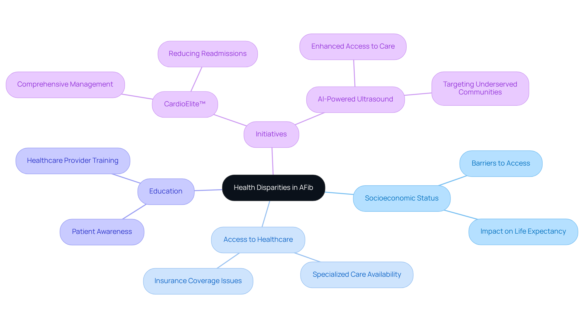 The central node represents the main issue of health disparities in AFib, while each branch highlights different factors that influence these disparities. Sub-branches provide more details on specific barriers and initiatives designed to improve care. The central node represents the main issue of health disparities in AFib, while each branch highlights different factors that influence these disparities. Sub-branches provide more details on specific barriers and initiatives designed to improve care.