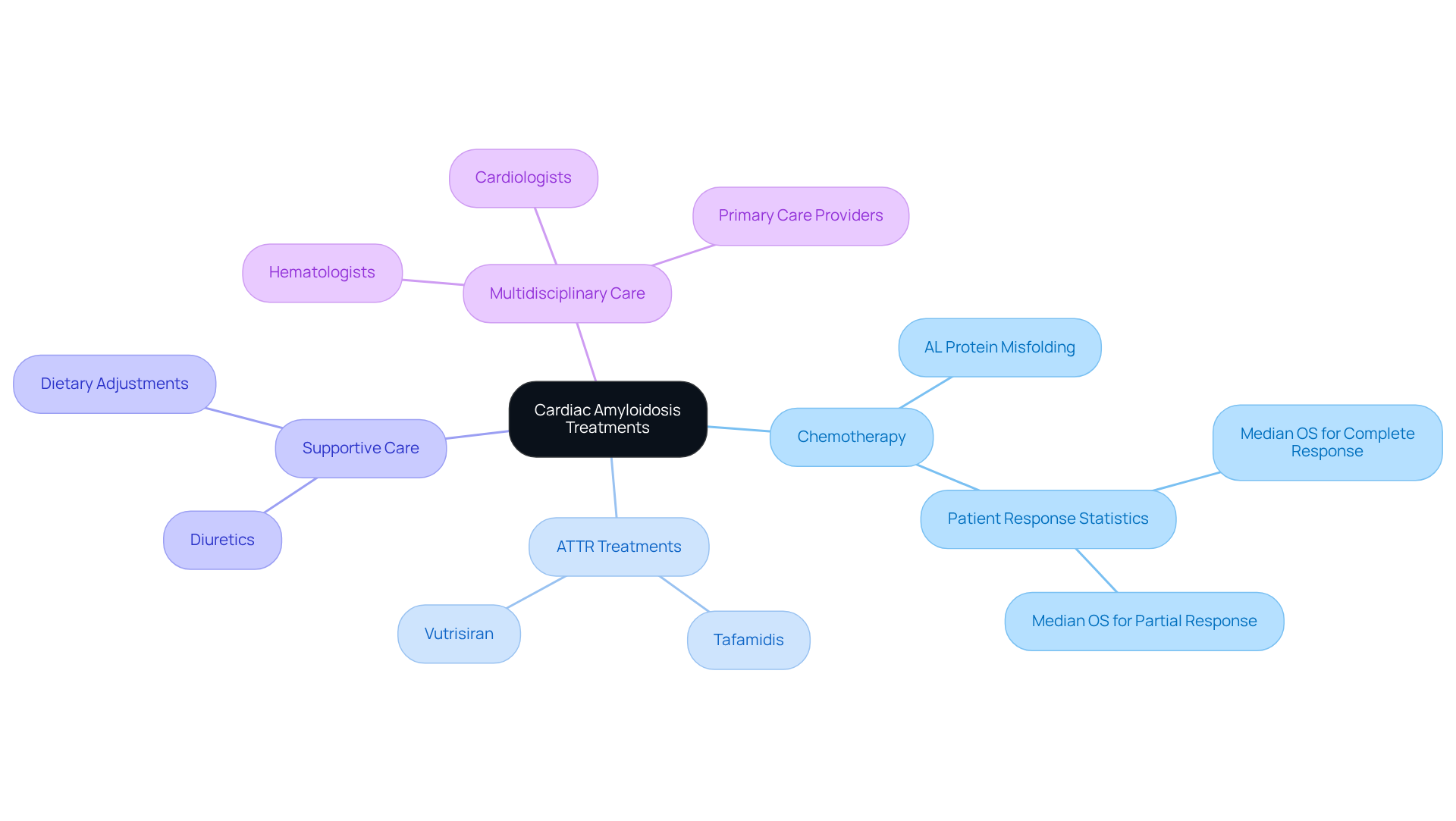The central idea is the treatment for cardiac amyloidosis, branching out into different categories that show how various approaches and healthcare professionals contribute to patient care. The central idea is the treatment for cardiac amyloidosis, branching out into different categories that show how various approaches and healthcare professionals contribute to patient care.