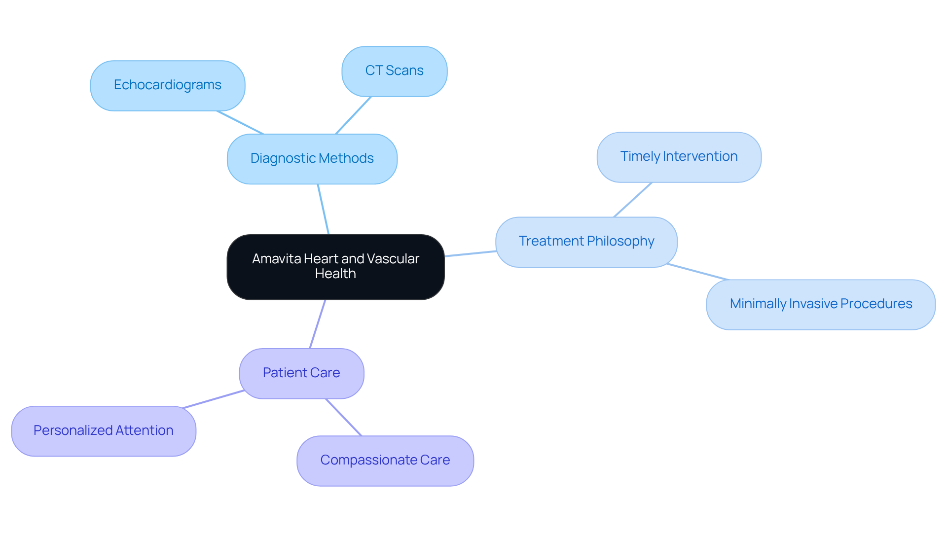 The center of the mindmap represents Amavita's focus on heart and vascular health, with branches showing how they approach diagnosis, treatment, and patient care. Each color-coded branch highlights a different aspect of their services, allowing you to understand their comprehensive care model at a glance. The center of the mindmap represents Amavita's focus on heart and vascular health, with branches showing how they approach diagnosis, treatment, and patient care. Each color-coded branch highlights a different aspect of their services, allowing you to understand their comprehensive care model at a glance.