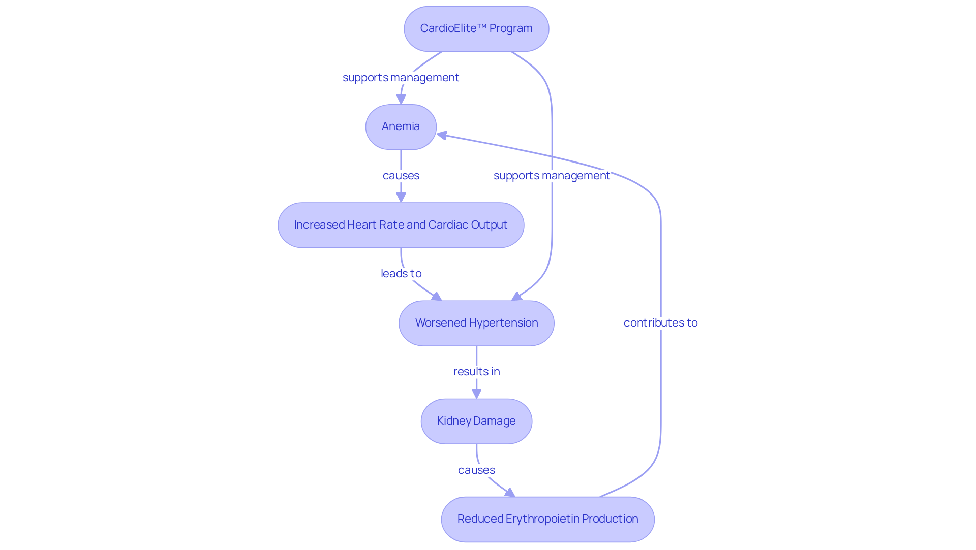 This flowchart shows how anemia and hypertension influence each other. Each arrow represents how one condition can lead to changes in the other. The CardioElite™ program is highlighted as a supportive resource for managing these health challenges. This flowchart shows how anemia and hypertension influence each other. Each arrow represents how one condition can lead to changes in the other. The CardioElite™ program is highlighted as a supportive resource for managing these health challenges.