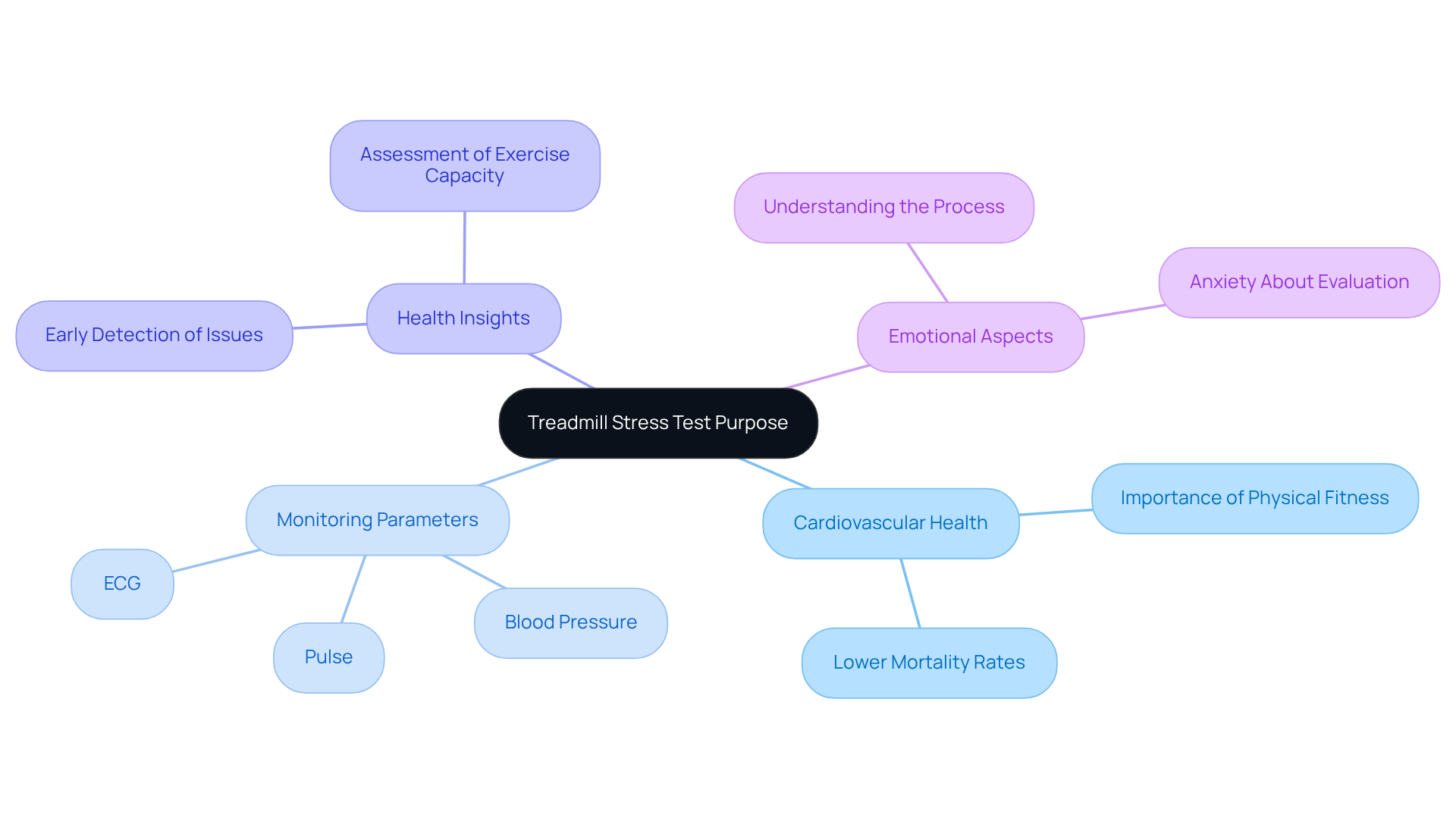 The mindmap starts with the main idea at the center, branching out to show related topics and details. Each branch illustrates a different aspect of the treadmill stress test, helping you understand how they are all connected. The mindmap starts with the main idea at the center, branching out to show related topics and details. Each branch illustrates a different aspect of the treadmill stress test, helping you understand how they are all connected.