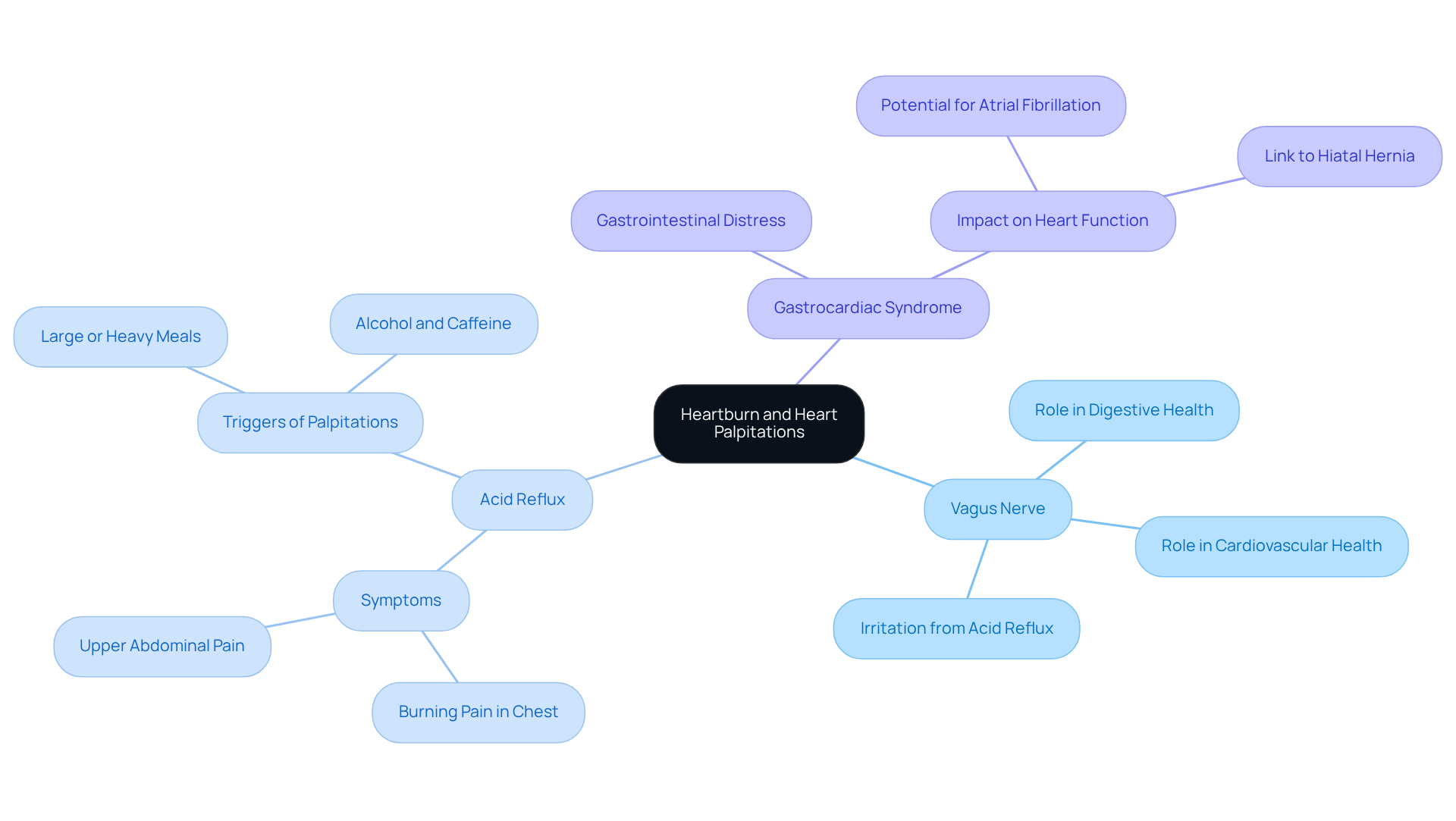 The central node represents the main topic, while branches show related concepts. Each color-coded branch helps you see how different factors like the vagus nerve and gastrocardiac syndrome connect to the experience of heartburn and palpitations. The central node represents the main topic, while branches show related concepts. Each color-coded branch helps you see how different factors like the vagus nerve and gastrocardiac syndrome connect to the experience of heartburn and palpitations.