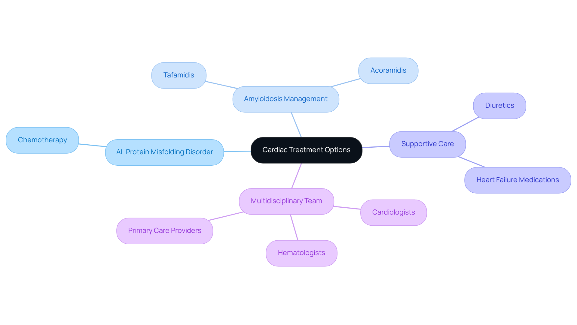 The central node represents the main topic of cardiac treatment options. Each branch shows different aspects of treatment, from specific disorders to supportive care and team involvement, illustrating how they all connect to comprehensive patient management. The central node represents the main topic of cardiac treatment options. Each branch shows different aspects of treatment, from specific disorders to supportive care and team involvement, illustrating how they all connect to comprehensive patient management.