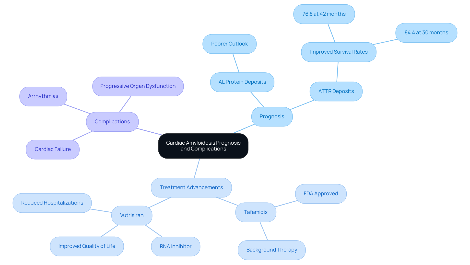 The central node represents the overall topic, while branches show different aspects of cardiac amyloidosis, including prognosis, treatment options, and potential complications. Each color-coded branch helps you navigate through the information easily. The central node represents the overall topic, while branches show different aspects of cardiac amyloidosis, including prognosis, treatment options, and potential complications. Each color-coded branch helps you navigate through the information easily.