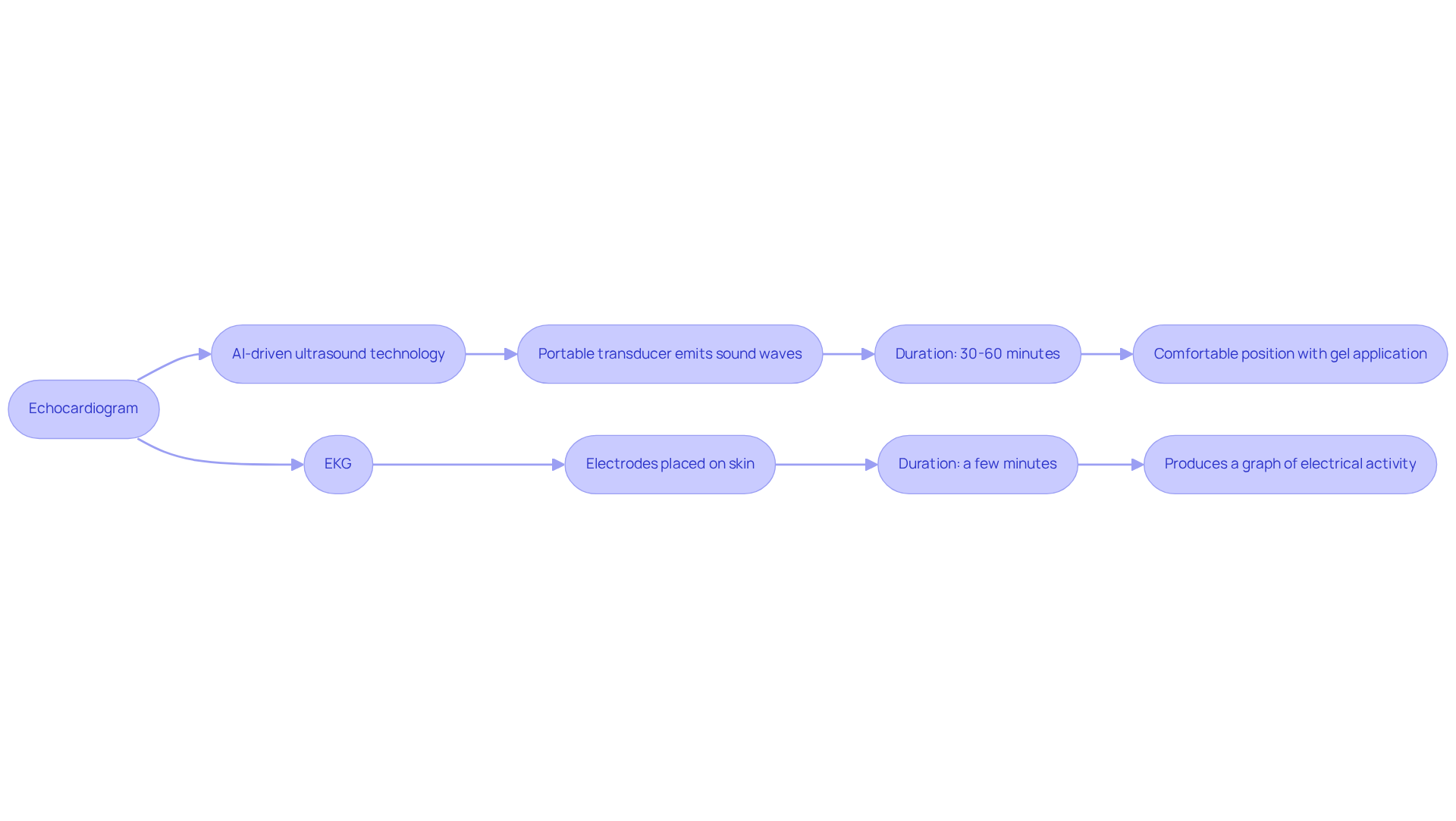 This flowchart shows the key differences between echocardiograms and EKGs. Follow the branches to see how each procedure works, how long they take, and what to expect during the examination. This flowchart shows the key differences between echocardiograms and EKGs. Follow the branches to see how each procedure works, how long they take, and what to expect during the examination.