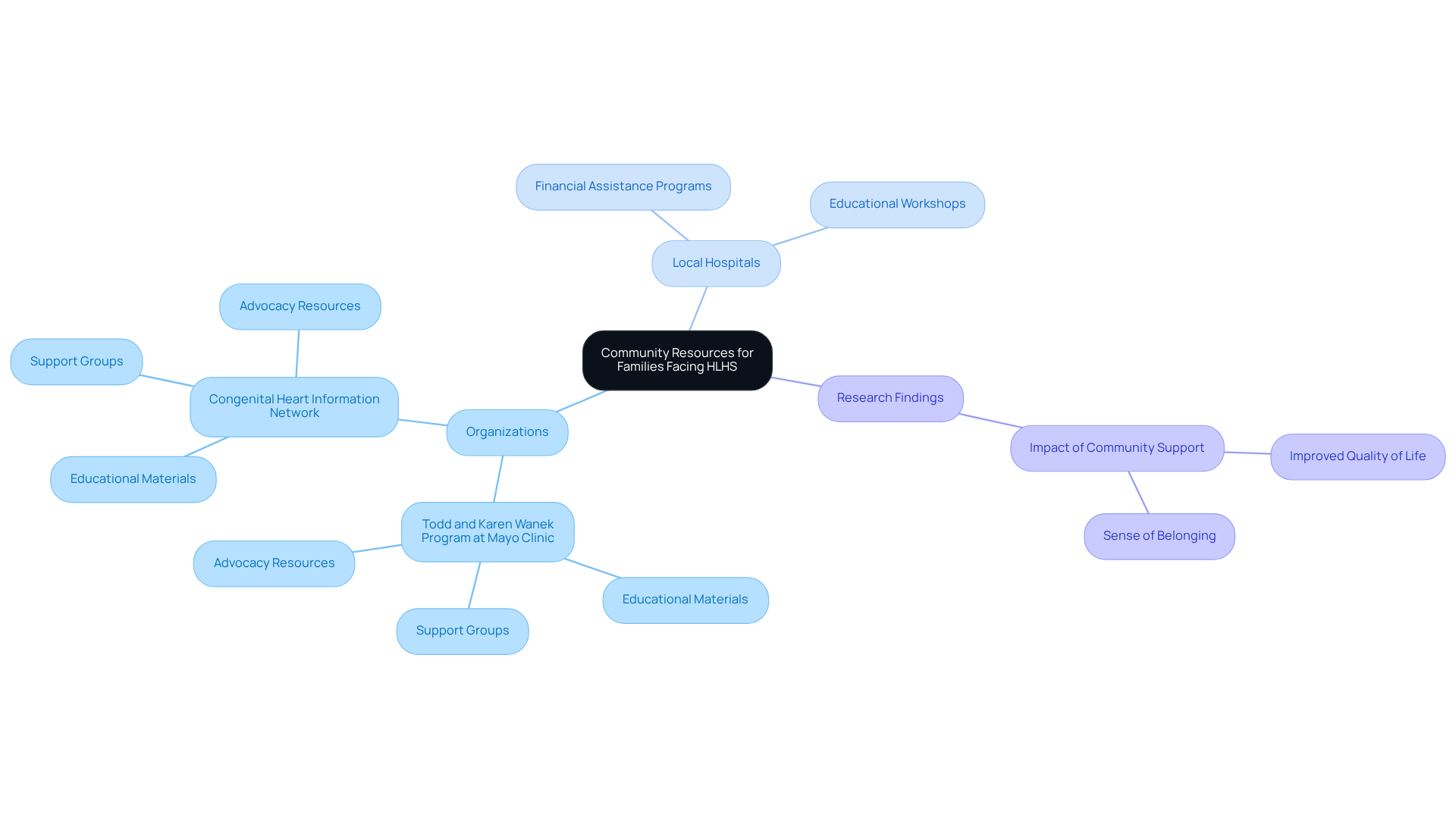The central node represents the main topic, while branches show different resources and support options available. Each color-coded branch helps you see how various organizations and services connect to support families dealing with HLHS. The central node represents the main topic, while branches show different resources and support options available. Each color-coded branch helps you see how various organizations and services connect to support families dealing with HLHS.