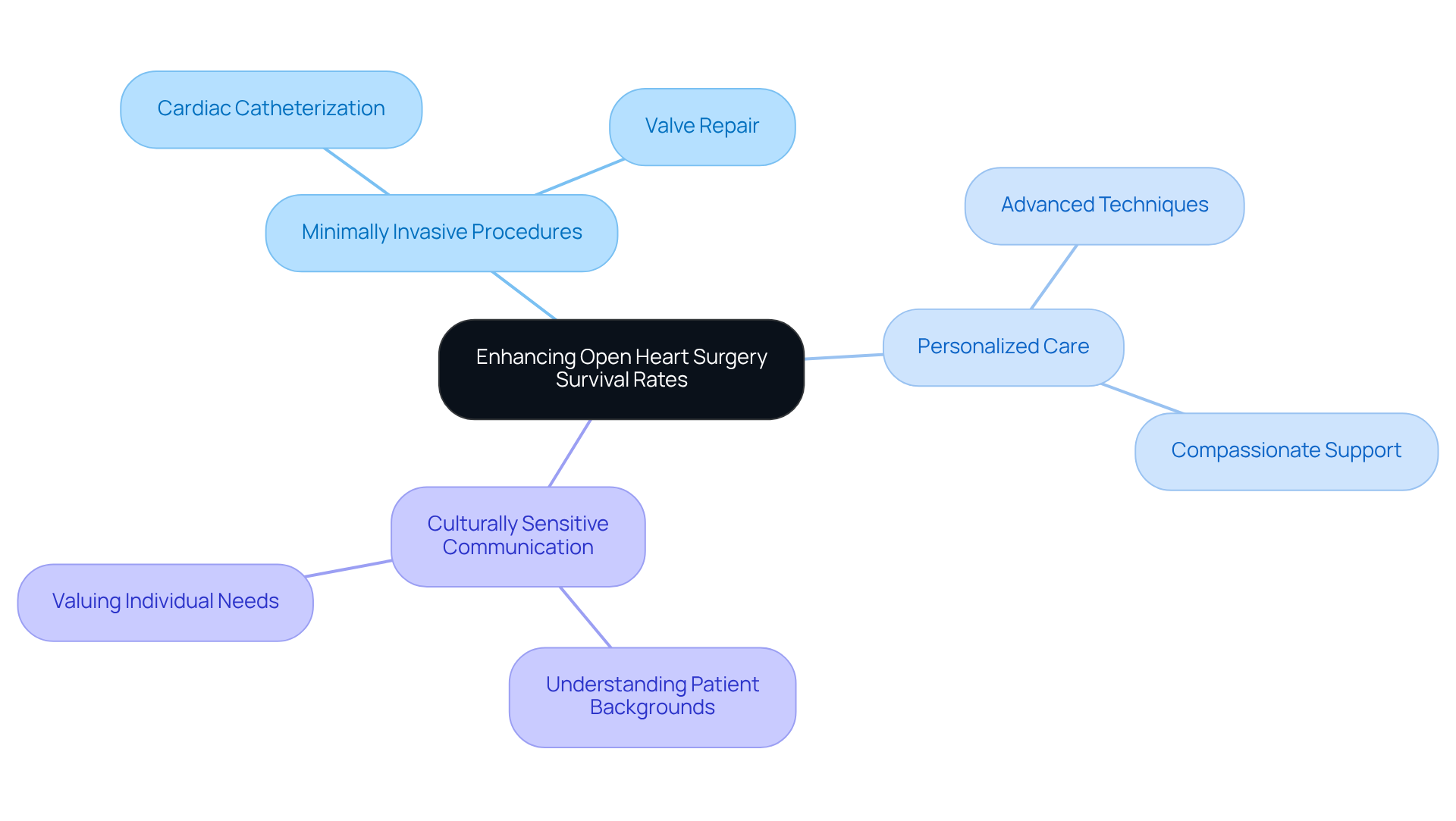 The central node represents the main goal of improving survival rates, while the branches show the different strategies and commitments that support this goal. Each color-coded branch helps you see how each aspect contributes to the overall mission.