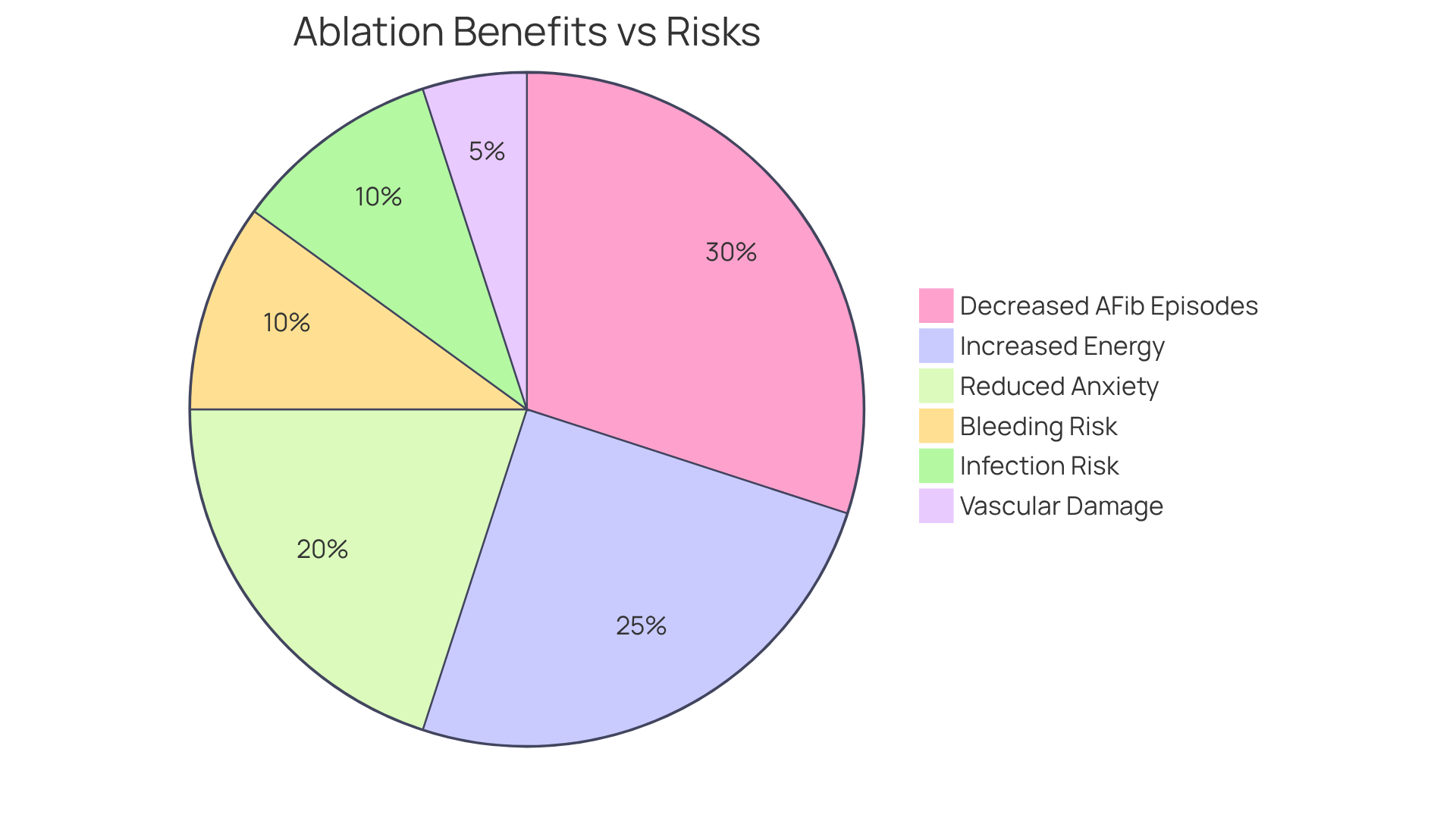 The chart shows how the benefits of ablation (like improved energy and reduced anxiety) compare to the risks (like bleeding and infection). The larger the segment, the more significant that aspect is in the overall discussion. The chart shows how the benefits of ablation (like improved energy and reduced anxiety) compare to the risks (like bleeding and infection). The larger the segment, the more significant that aspect is in the overall discussion.