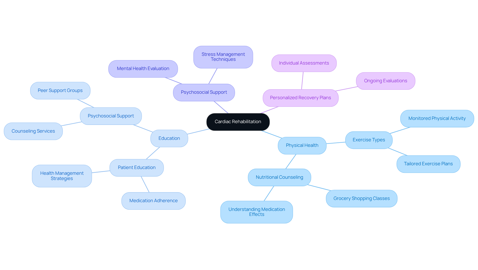 The center represents the main focus on cardiac rehabilitation, with branches showing the different components that contribute to effective recovery. Each color-coded branch highlights a specific area of focus, making it easy to understand how they all connect. The center represents the main focus on cardiac rehabilitation, with branches showing the different components that contribute to effective recovery. Each color-coded branch highlights a specific area of focus, making it easy to understand how they all connect.
