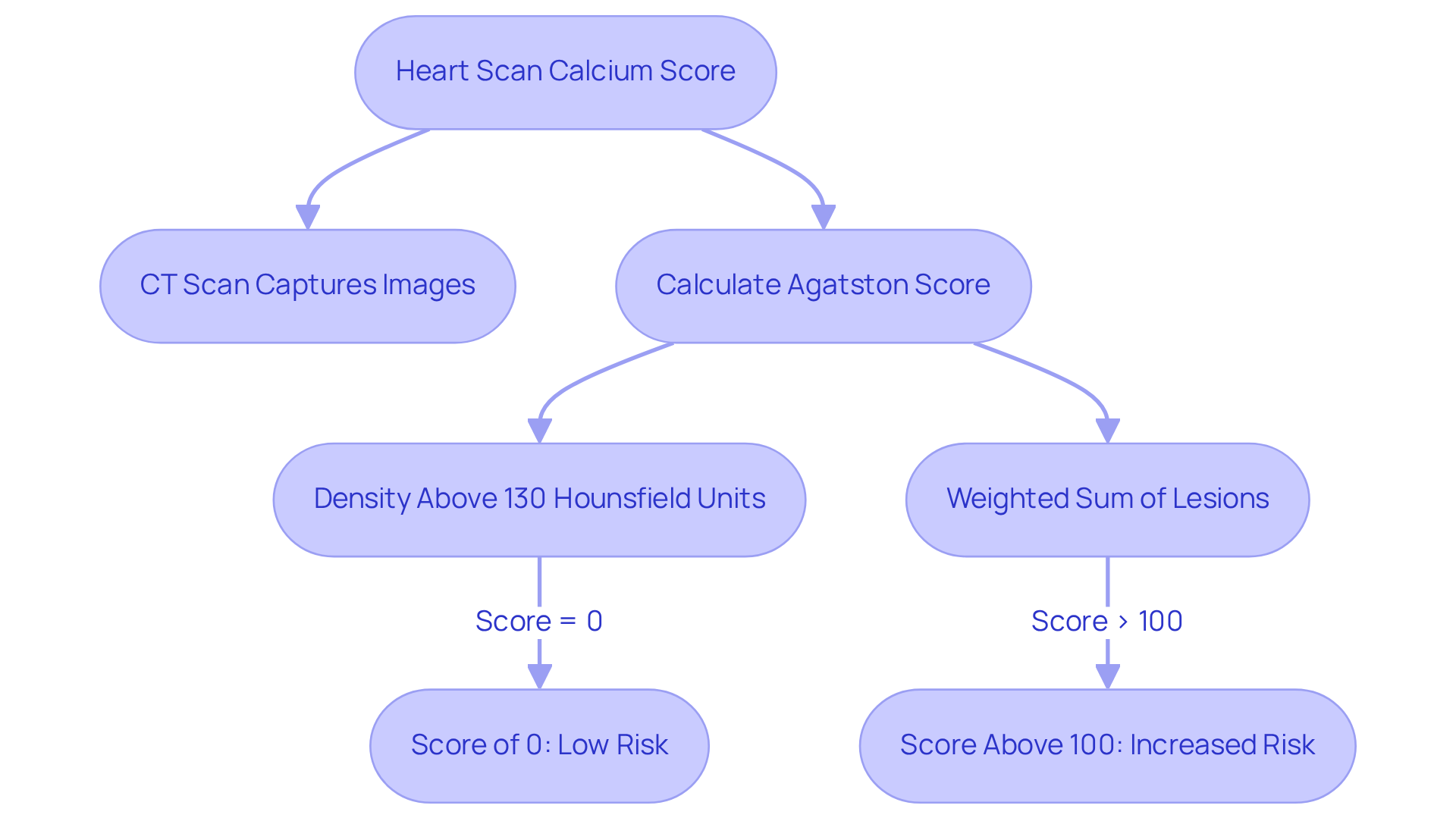 This flowchart outlines the steps involved in the heart scan calcium score process. Follow the arrows to see how the test is conducted, how the score is calculated, and what different scores mean for your heart health.