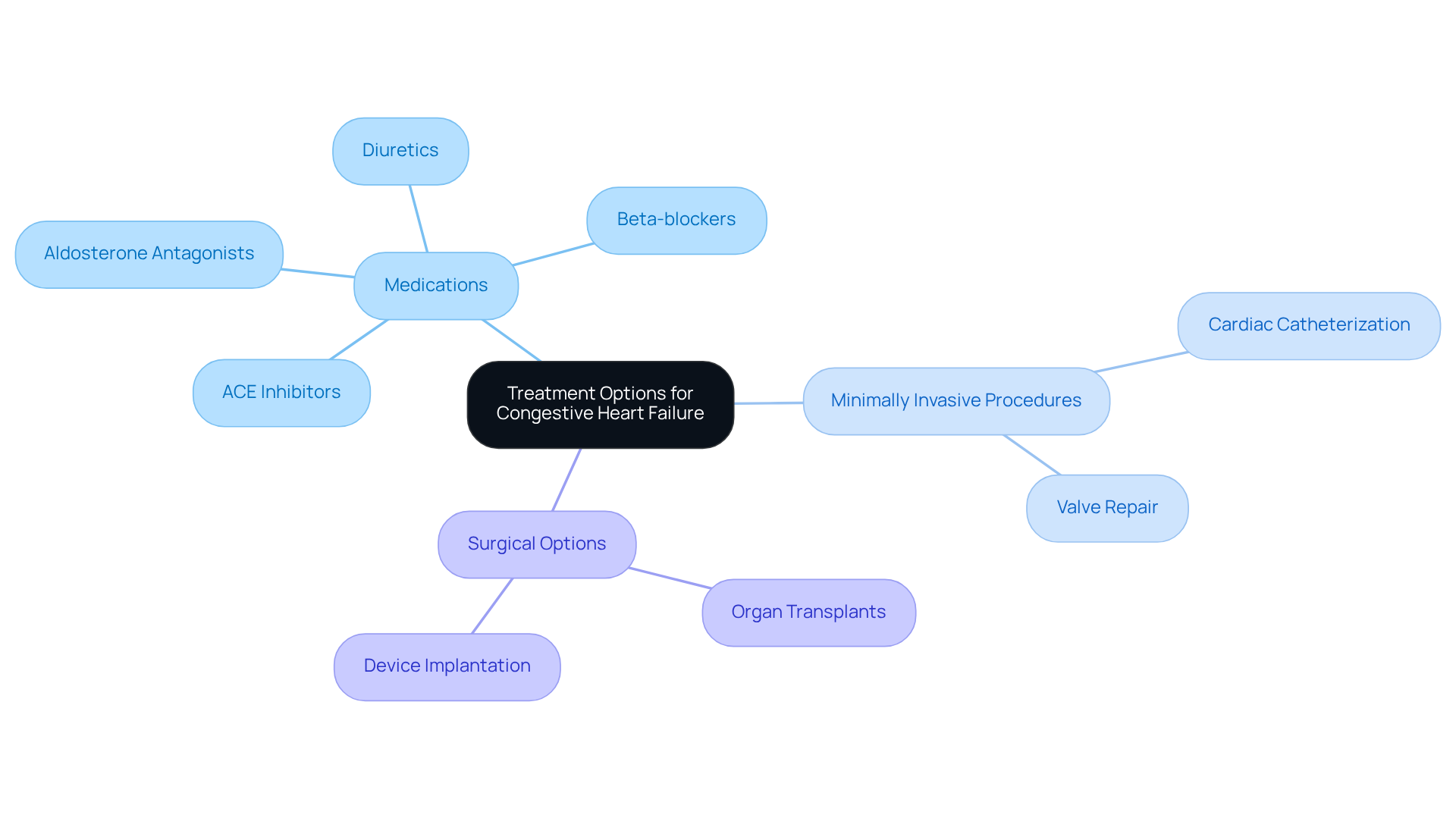 The central node represents the overall topic of treatment options. Each branch shows a category of treatment, and the sub-branches detail specific medications or procedures. This layout helps you visualize the different paths available for managing CHF. The central node represents the overall topic of treatment options. Each branch shows a category of treatment, and the sub-branches detail specific medications or procedures. This layout helps you visualize the different paths available for managing CHF.
