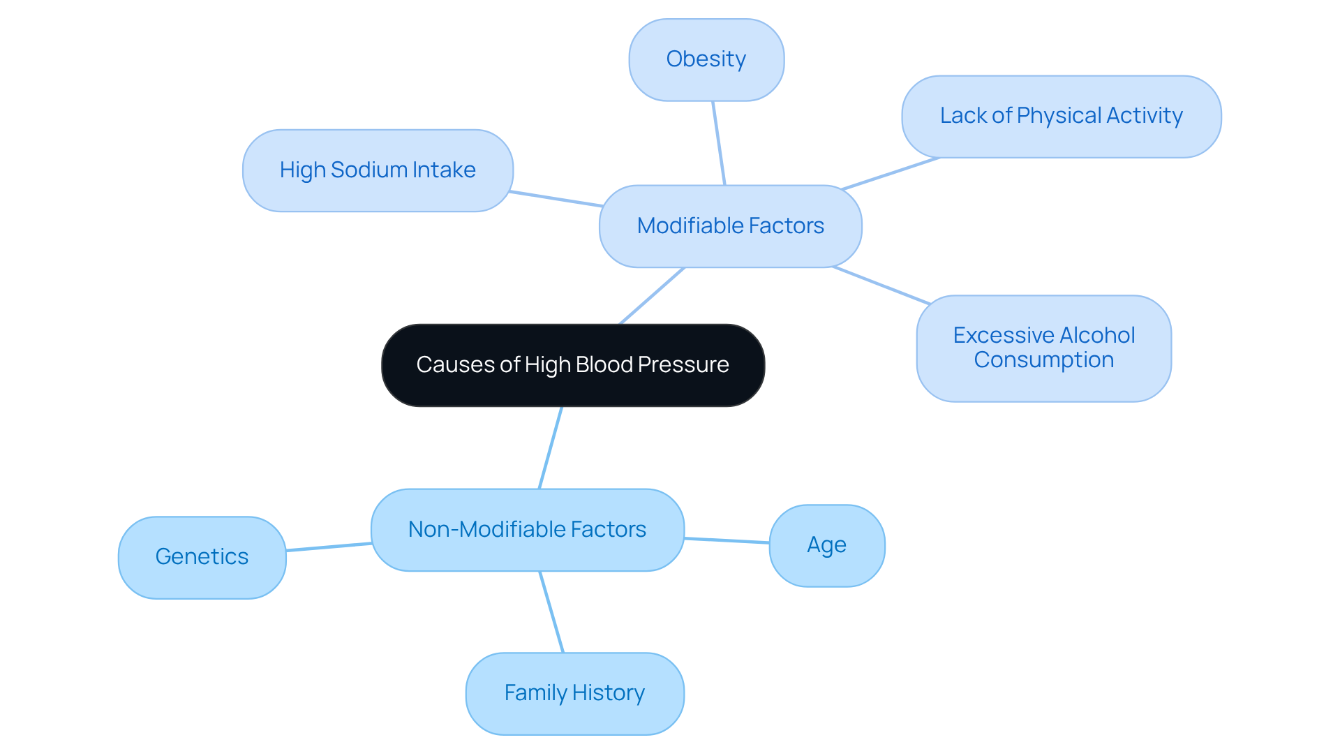 The central node represents the main topic, while the branches show different categories of risk factors. Each sub-branch lists specific influences, helping you see how they relate to high blood pressure.