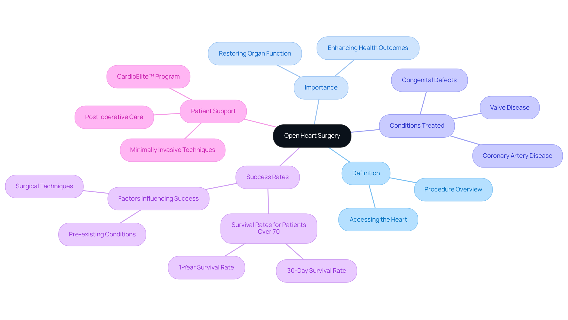 The central node represents open heart surgery, with branches showing its definition, importance, conditions it treats, success rates, and support available for patients. Each branch helps you understand different facets of this vital procedure. The central node represents open heart surgery, with branches showing its definition, importance, conditions it treats, success rates, and support available for patients. Each branch helps you understand different facets of this vital procedure.