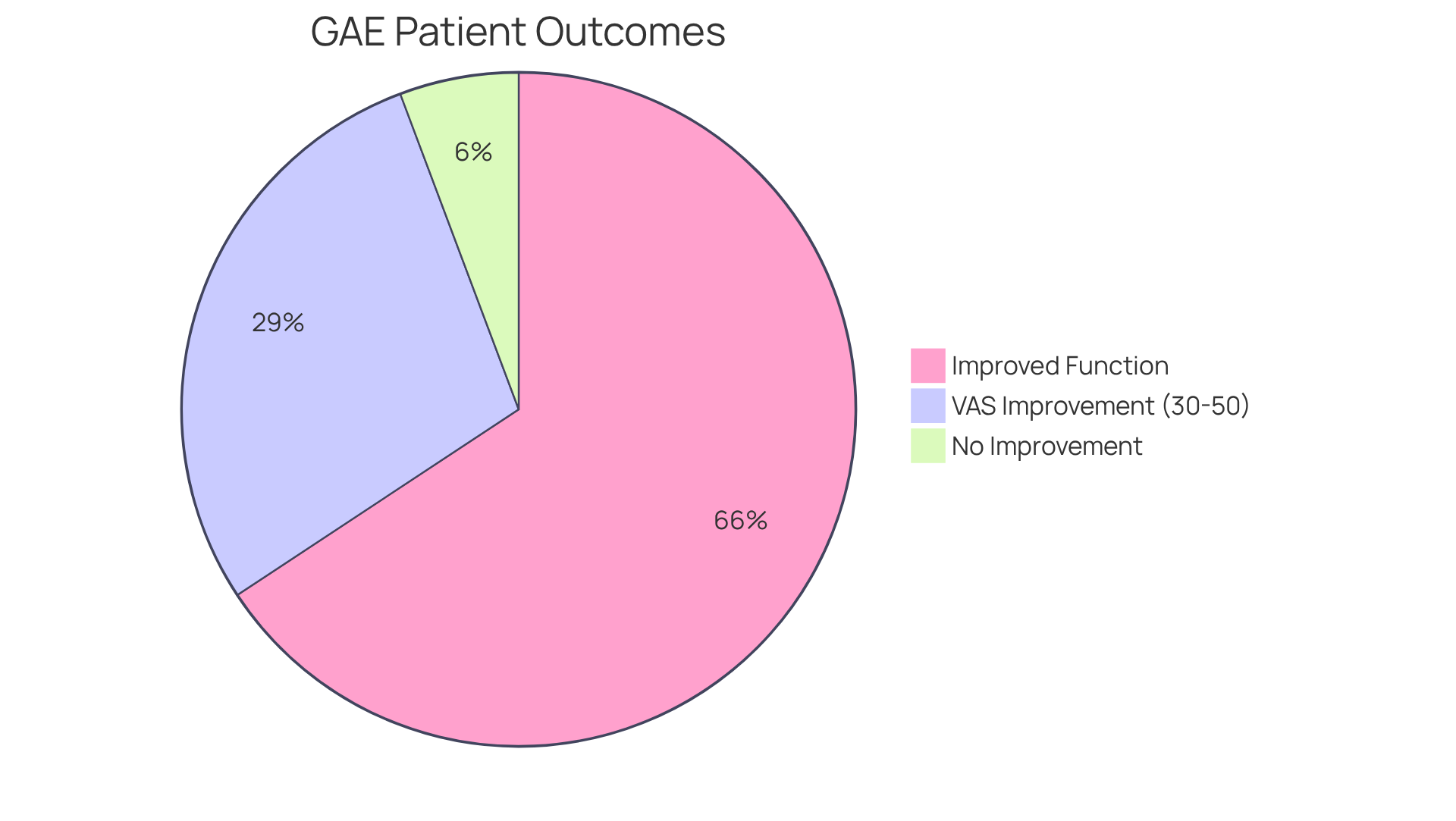 The blue slice shows the majority of patients (92%) who felt better after the procedure, while the red slice represents those who did not see improvement. The additional data on VAS scores indicates how much better patients felt, with improvements ranging from 30% to 50%.