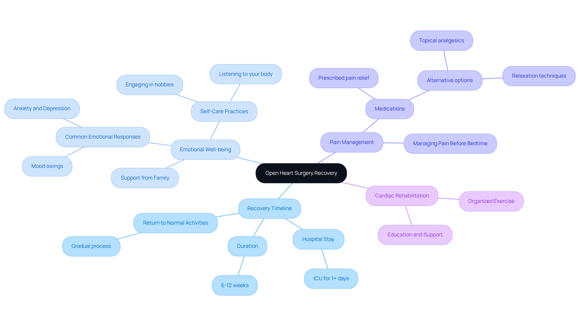 The central node represents the overall recovery process, while the branches show important aspects to consider. Each color-coded branch helps you quickly identify different areas of focus during recovery.