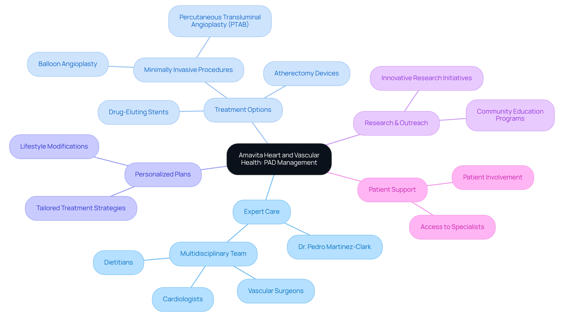 The central node represents the overall focus on PAD management, while branches illustrate the various aspects of care and treatment options. Each color-coded branch helps you navigate through the different components of the care strategy. The central node represents the overall focus on PAD management, while branches illustrate the various aspects of care and treatment options. Each color-coded branch helps you navigate through the different components of the care strategy.