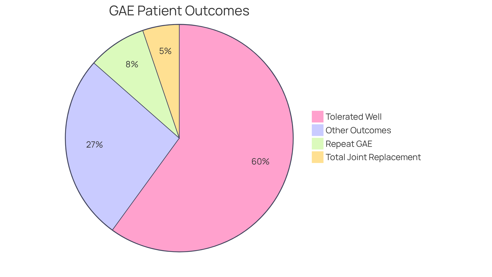 Each slice of the pie shows how many patients experienced different outcomes after the GAE procedure. A larger slice means more patients had that experience, helping you see how well the procedure works overall.