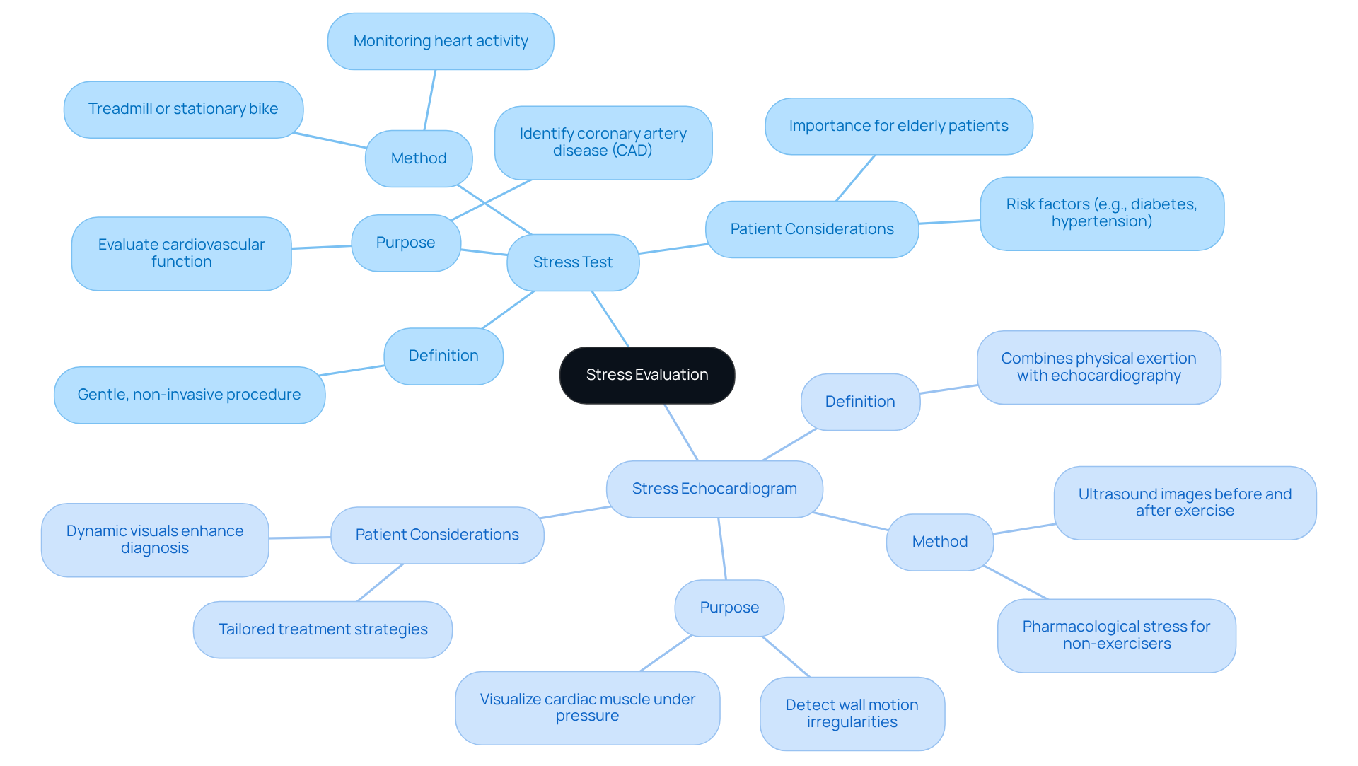 The central node represents the overall topic of stress evaluations. Each branch shows a different procedure, with further details about what each entails. This helps you understand how they relate and differ. The central node represents the overall topic of stress evaluations. Each branch shows a different procedure, with further details about what each entails. This helps you understand how they relate and differ.