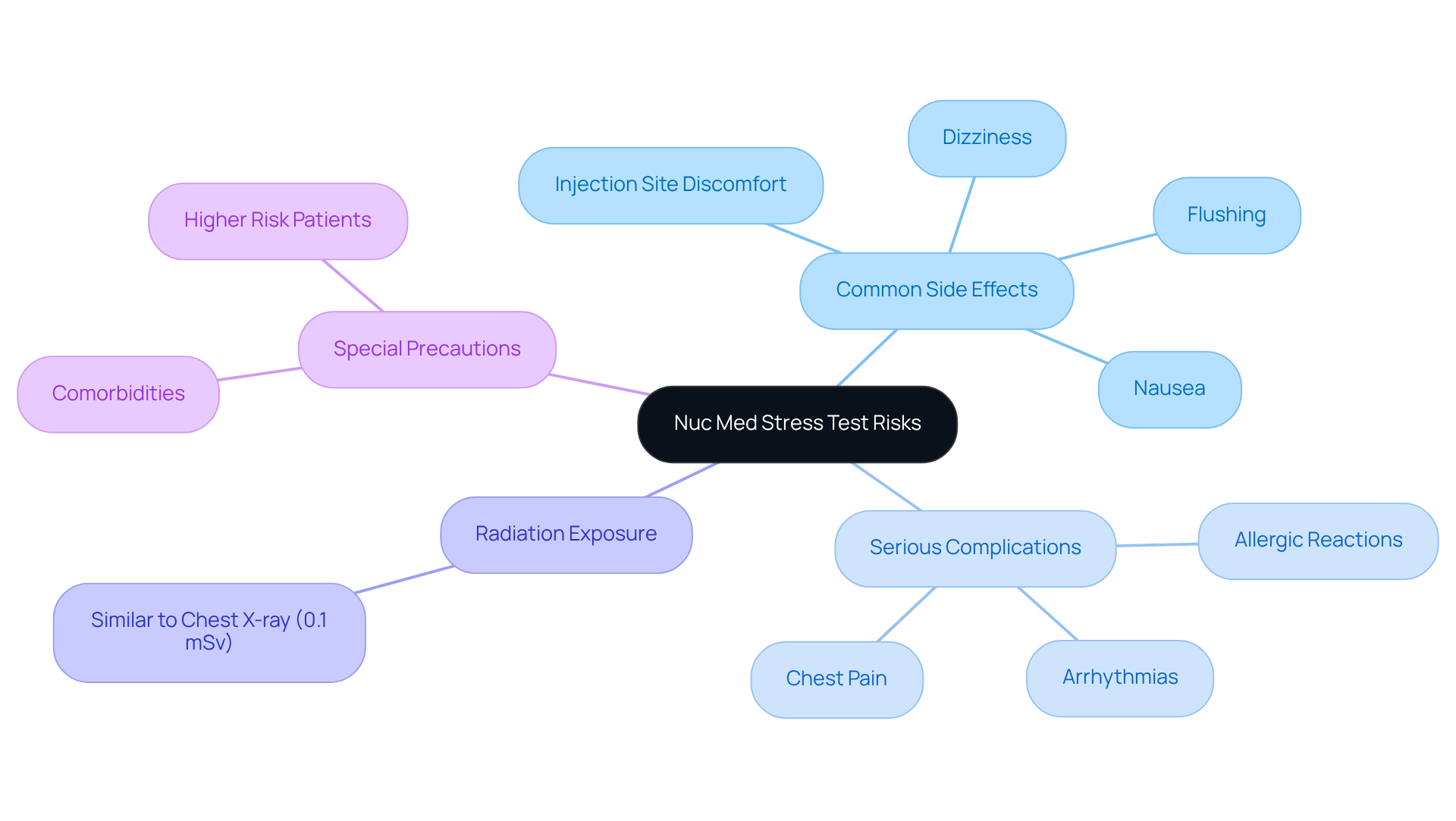 The central node represents the overall topic, while the branches show different categories of risks and considerations. Each sub-branch provides specific details, helping you understand what to be aware of before undergoing a nuc med stress test. The central node represents the overall topic, while the branches show different categories of risks and considerations. Each sub-branch provides specific details, helping you understand what to be aware of before undergoing a nuc med stress test.