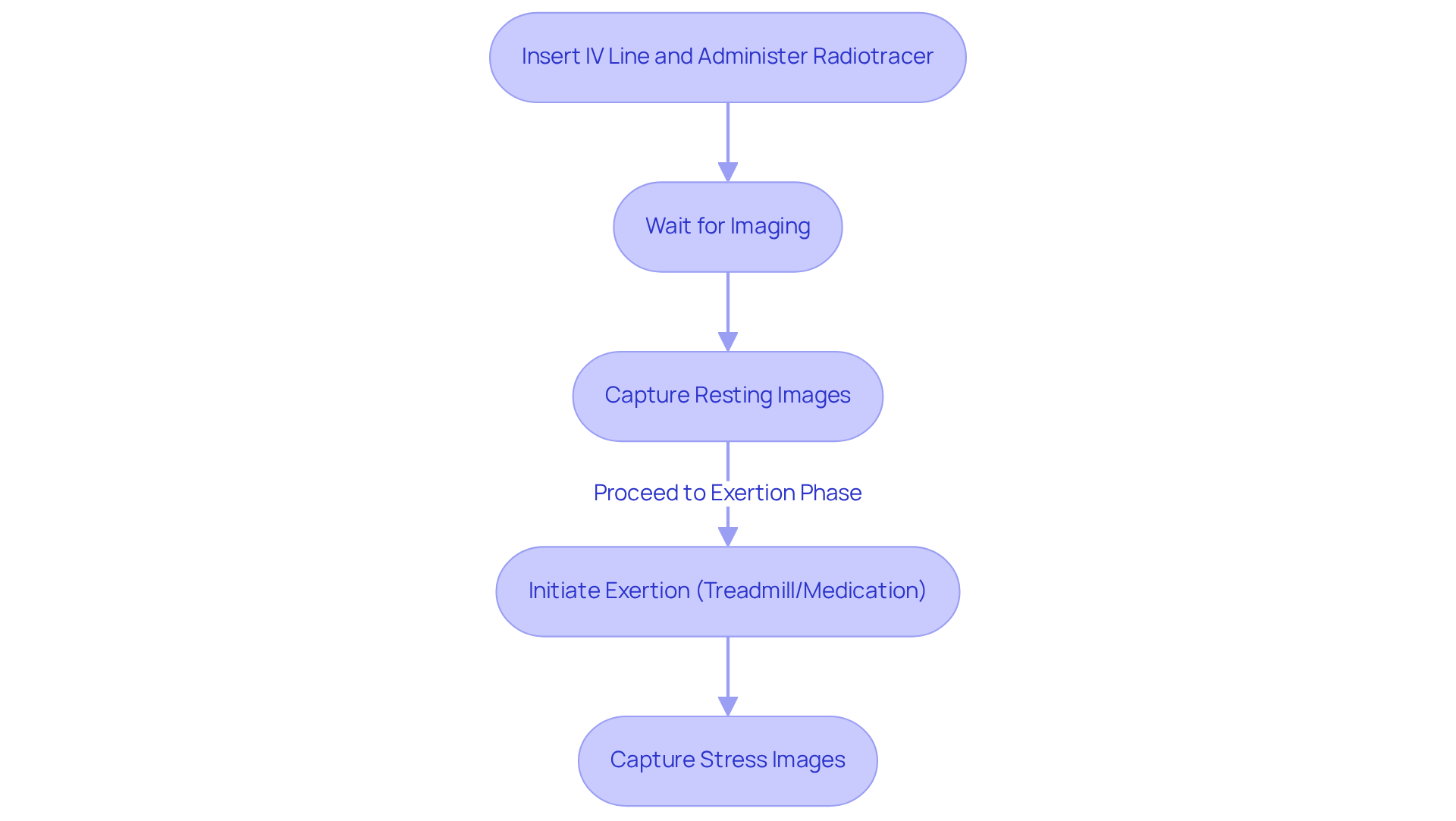 Follow the arrows to see how the test progresses from inserting the IV to capturing images during stress. Each box represents a step in the process, helping you understand what to expect.