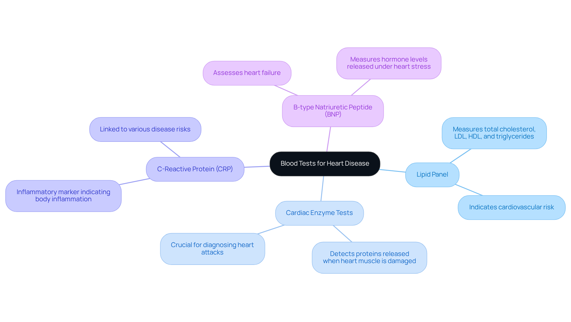 The central node represents the overall topic of blood tests for heart health. Each branch represents a specific test, and the sub-branches provide details about what each test measures and its importance in assessing cardiovascular wellness. The central node represents the overall topic of blood tests for heart health. Each branch represents a specific test, and the sub-branches provide details about what each test measures and its importance in assessing cardiovascular wellness.