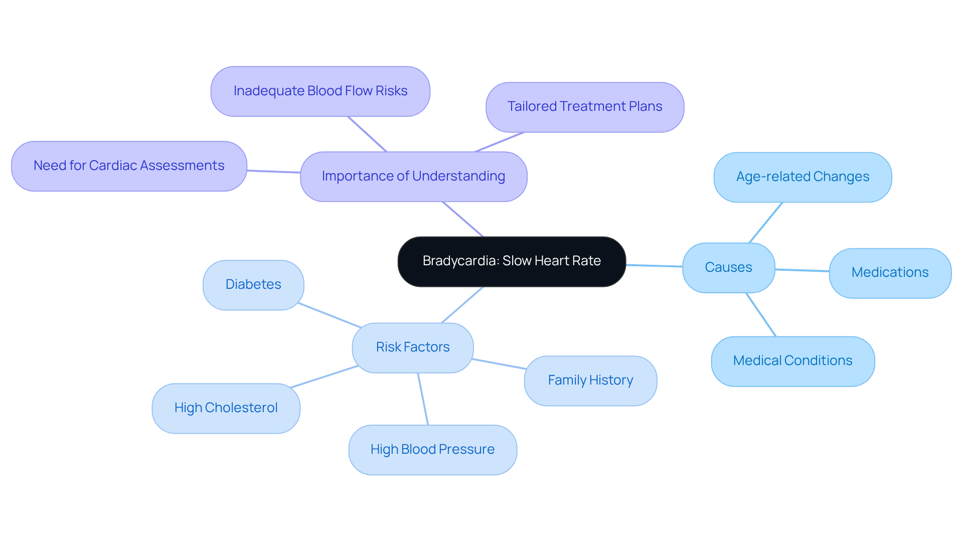 The central node represents Bradycardia, with branches showing its causes and risk factors. Each branch helps you understand the different elements that contribute to a slow heart rate.