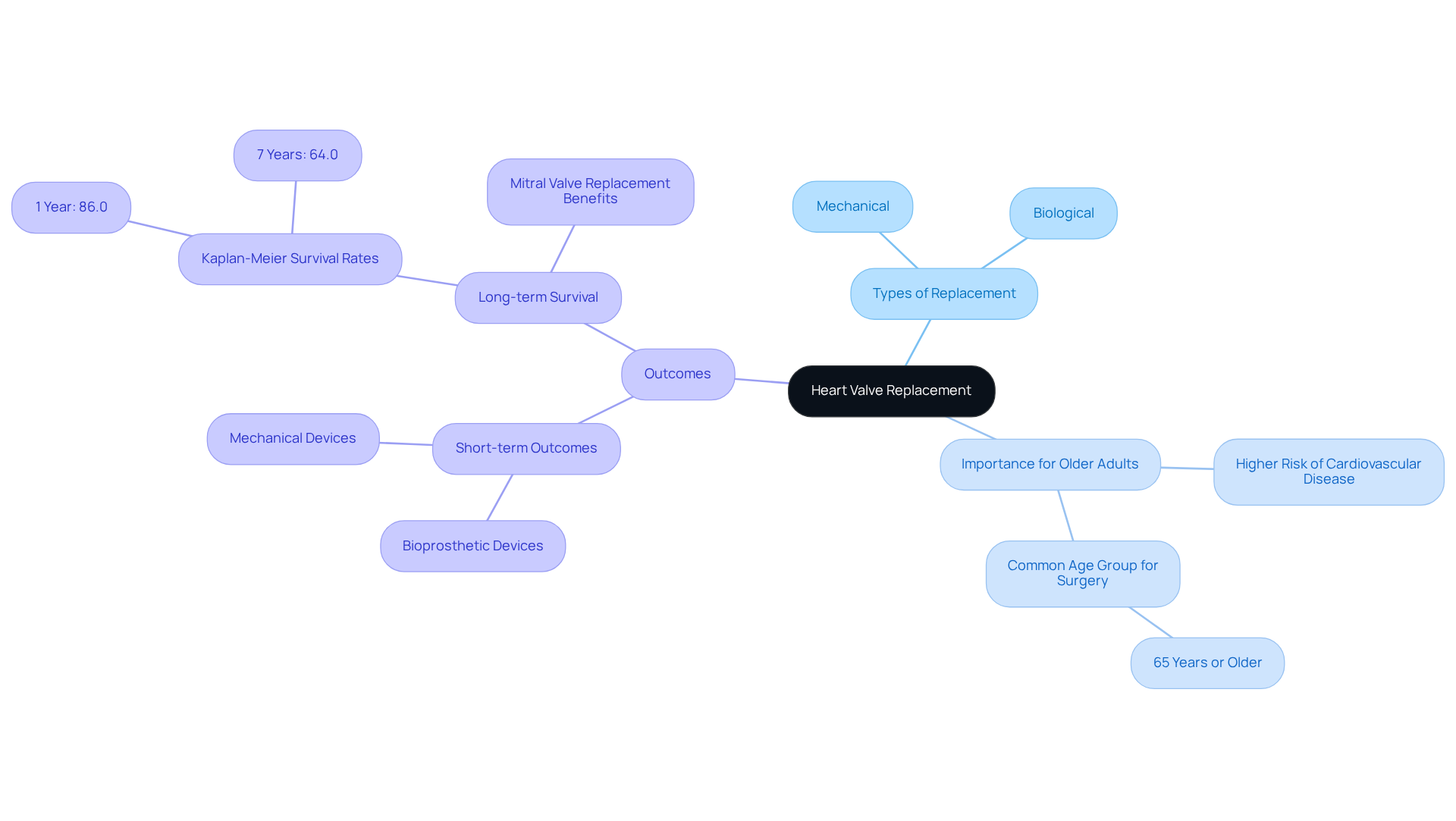 The central node represents the main topic, while the branches show different aspects of heart valve replacement, including types, significance for older adults, and expected outcomes.